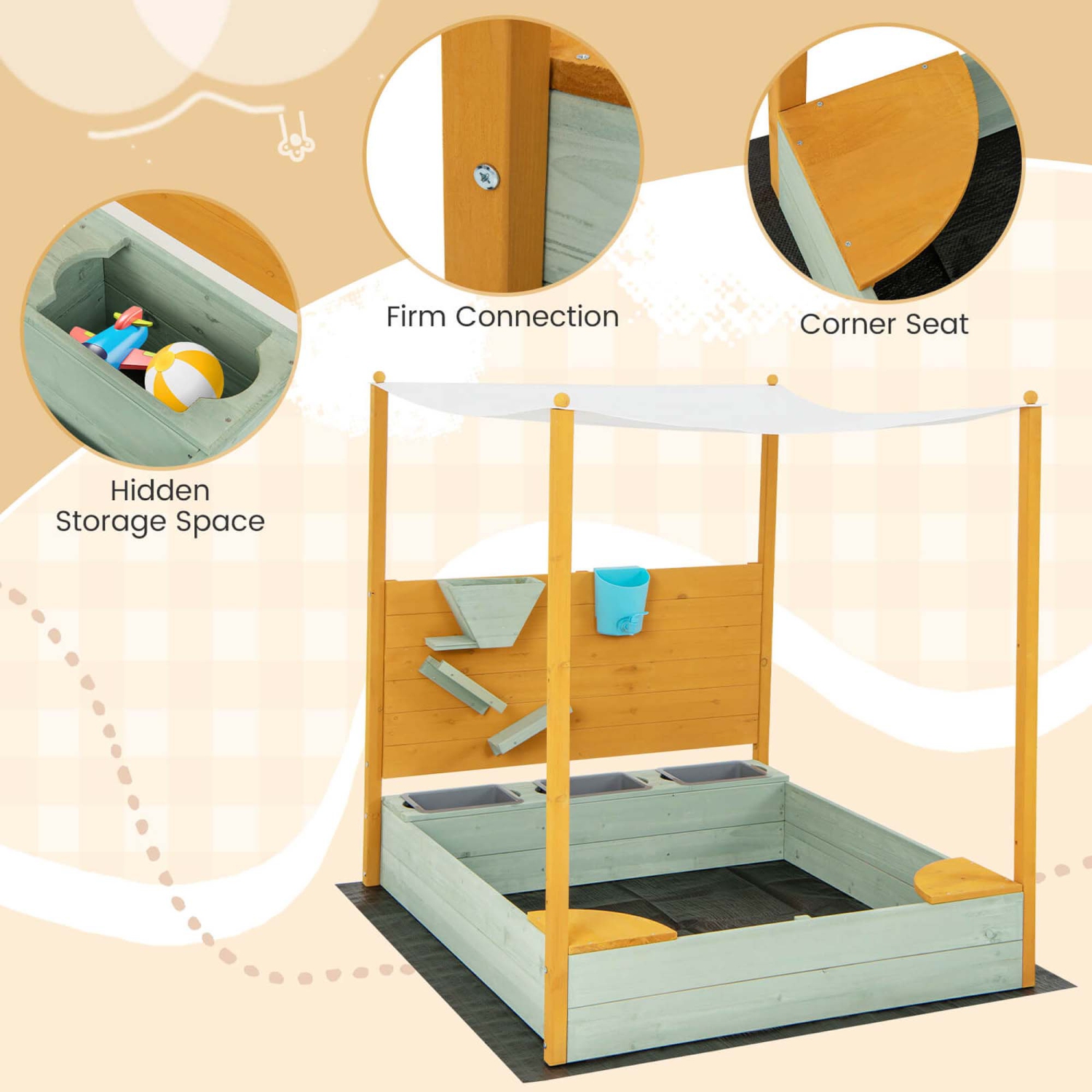Costway Kids Sandbox with Sand Wall Detachable Canopy Bottom Liner Water Bucket Outdoor