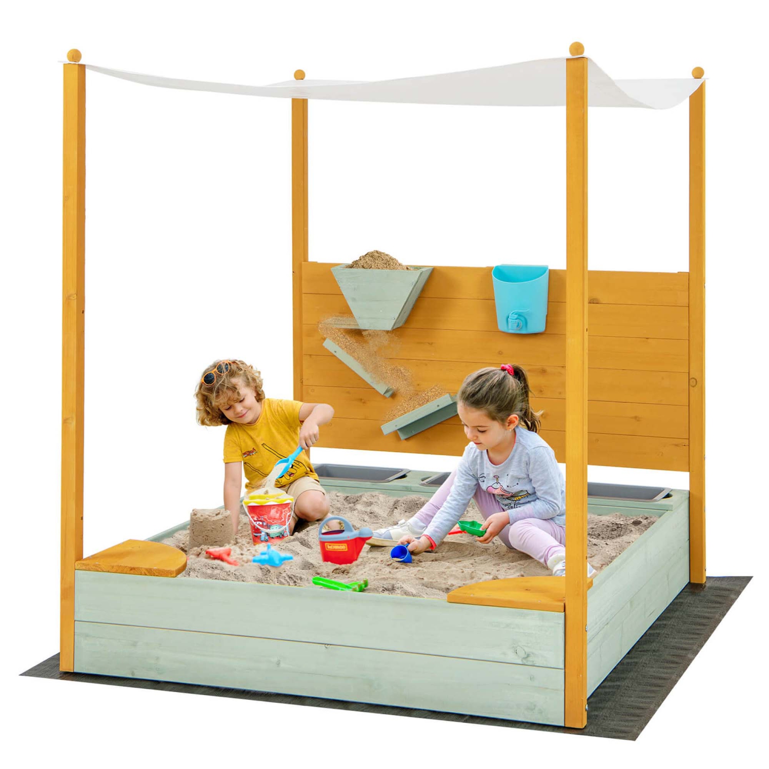 Costway Kids Sandbox with Sand Wall Detachable Canopy Bottom Liner Water Bucket Outdoor