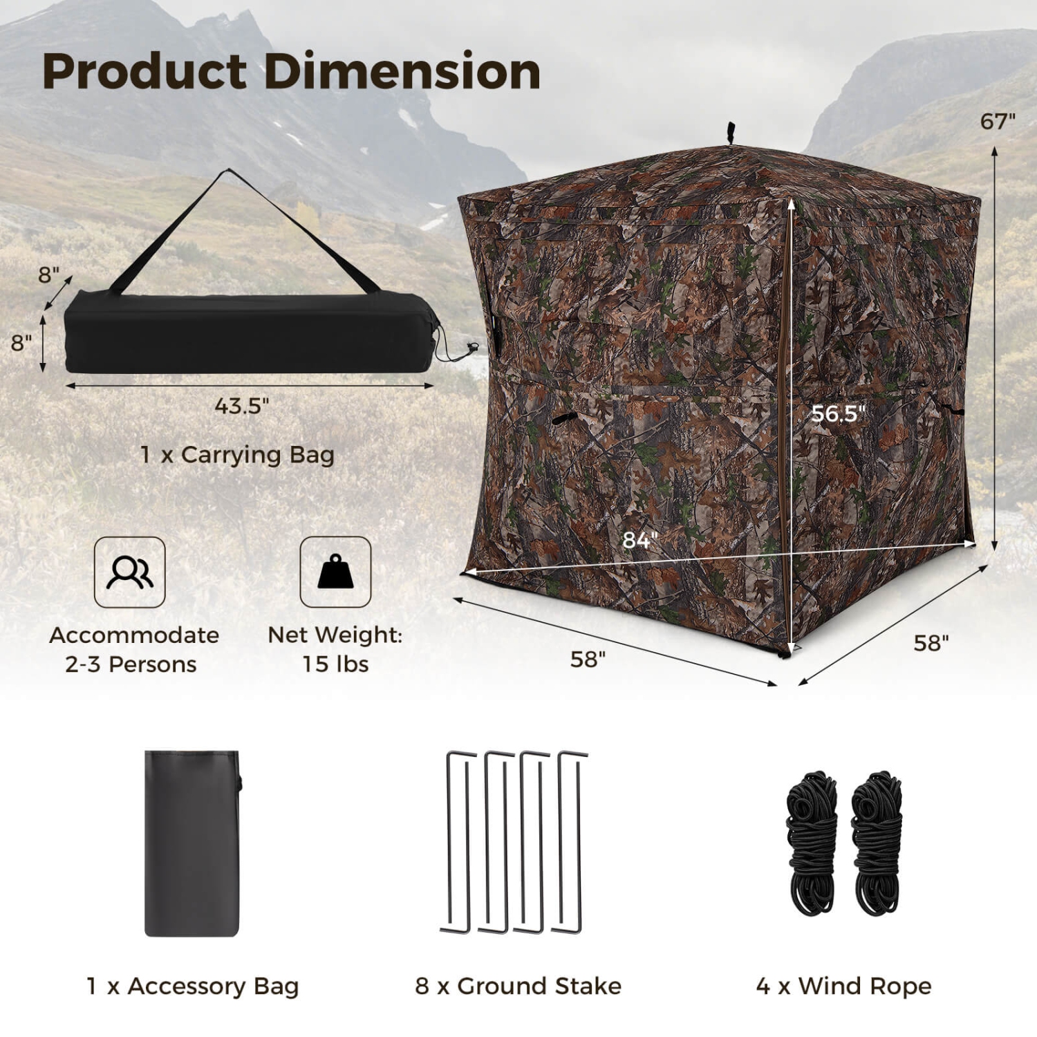 Costway 360 Degree One-Way See-Through Hunting Blind with Full-Open Door Carrying Bag