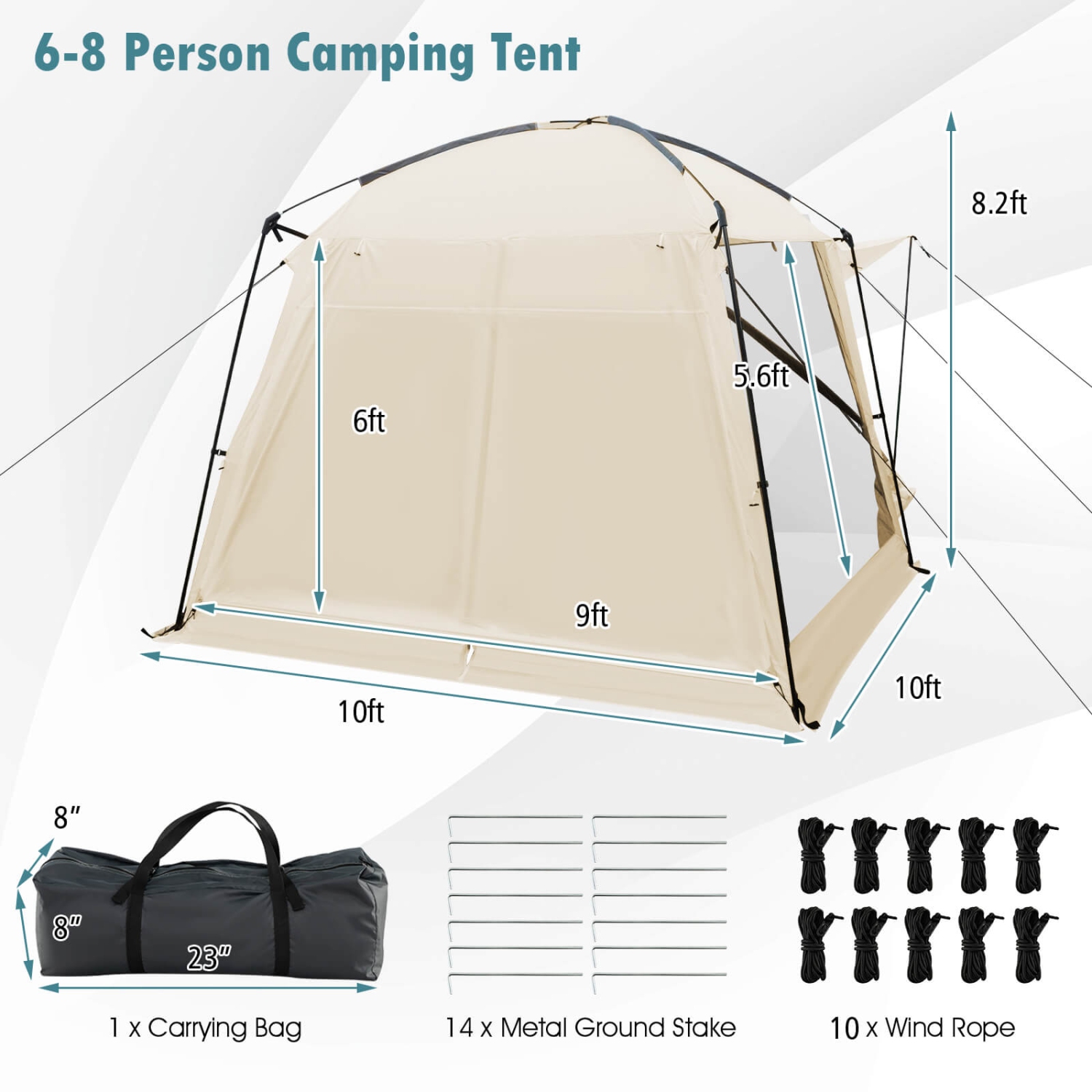 Costway Screen Dome Camping Tent for 6-8 People with 4-Side Mesh Walls Carrying Bag