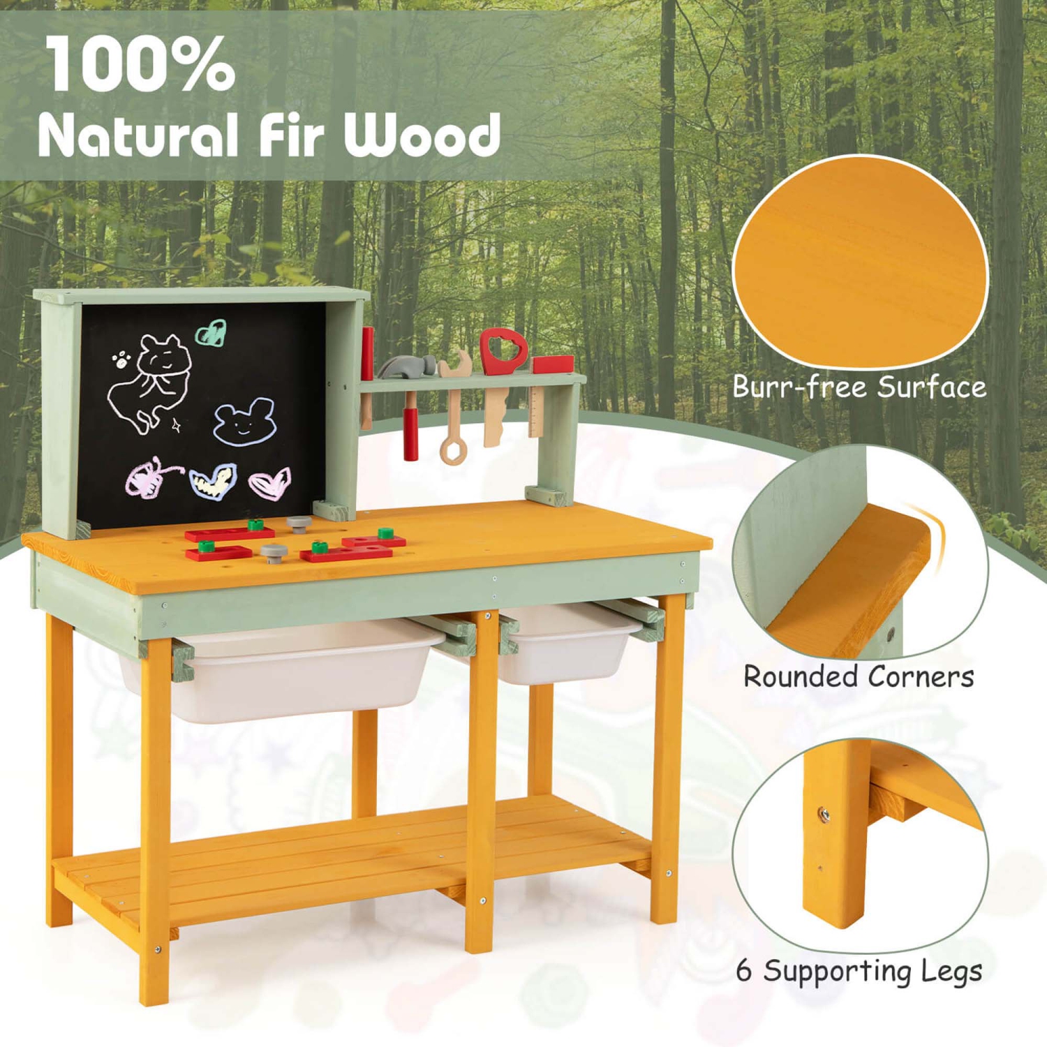 Costway Kids Wooden Toy Workbench with Storage Space & Blackboard Tool Accessories for Boys