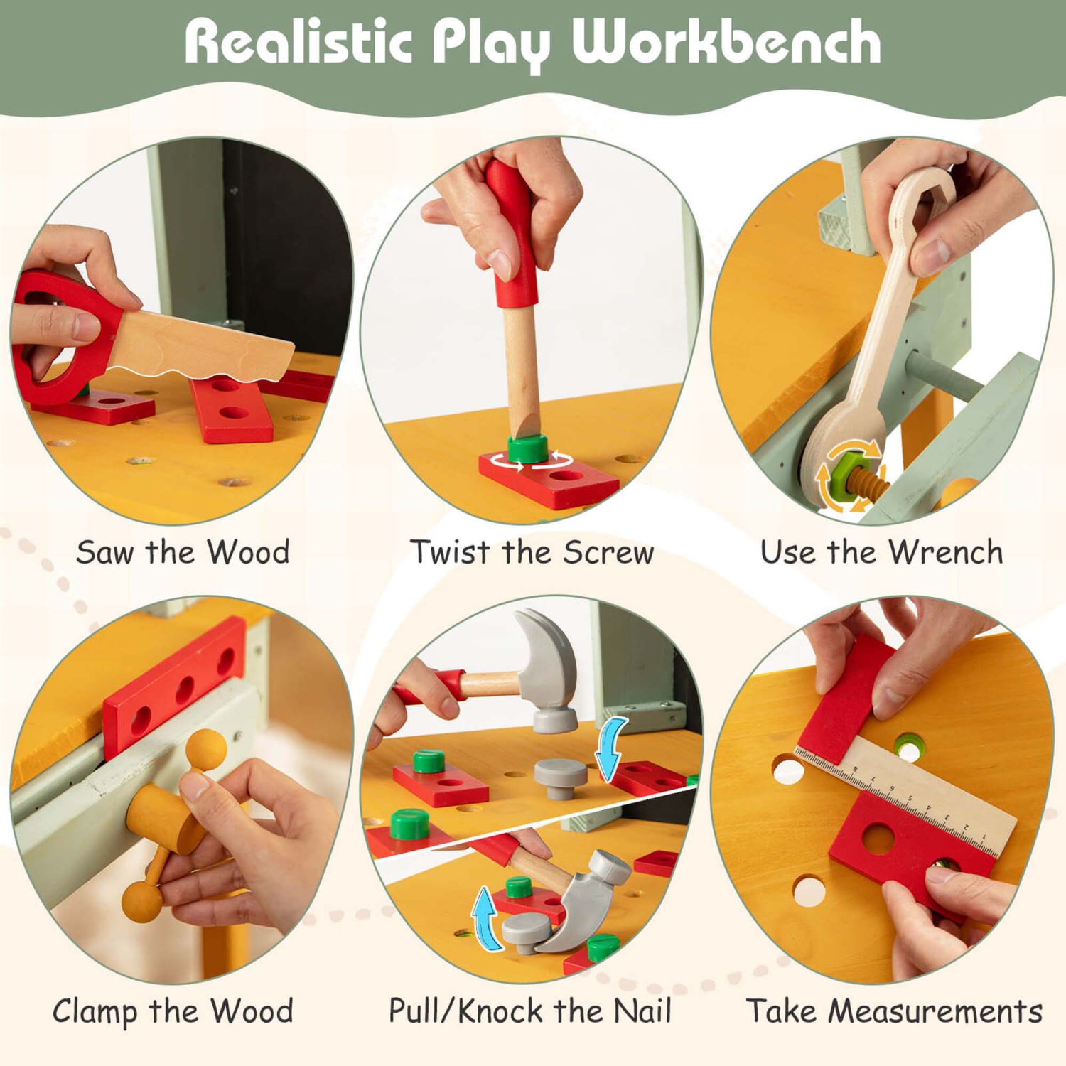 Costway Kids Wooden Toy Workbench with Storage Space & Blackboard Tool Accessories for Boys