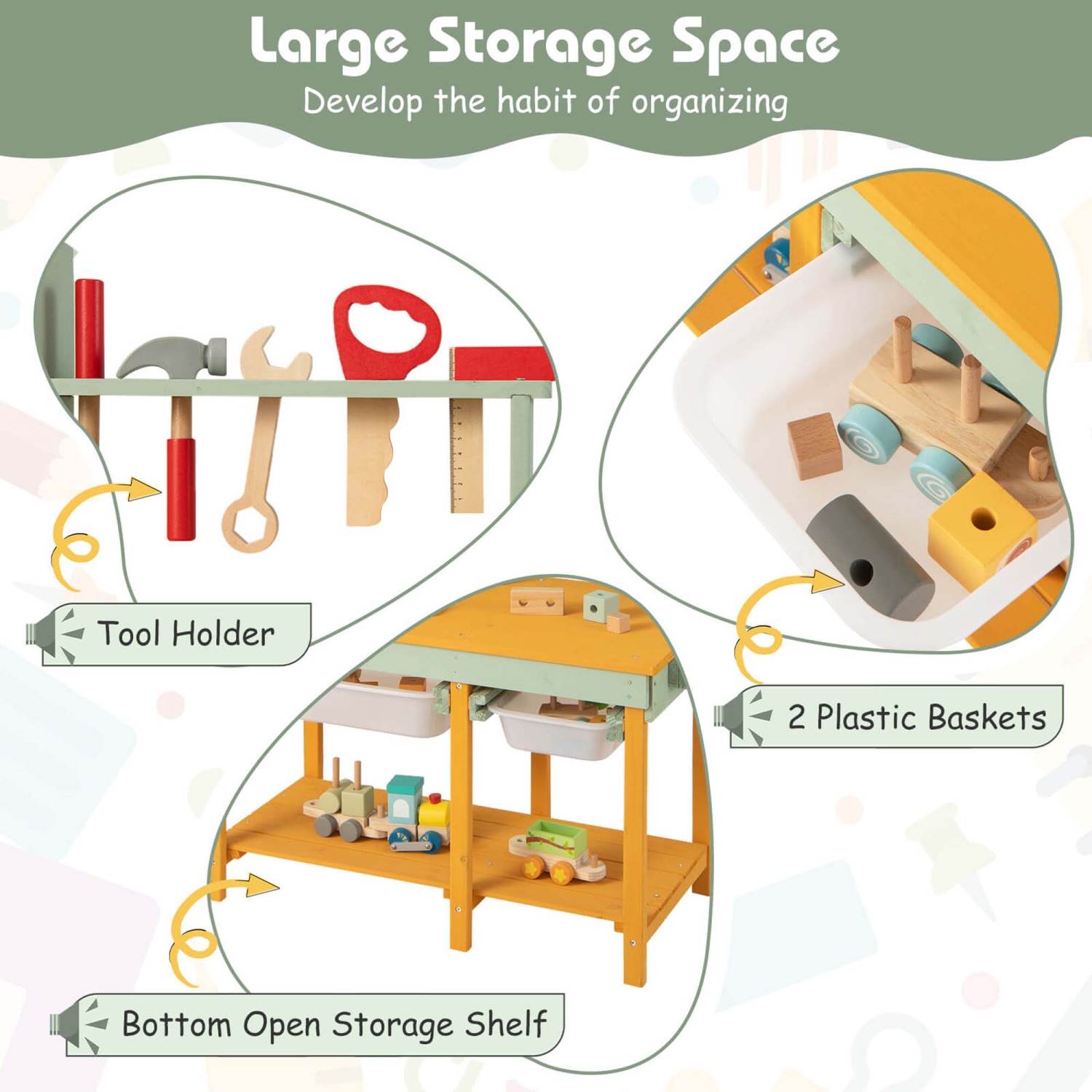 Costway Kids Wooden Toy Workbench with Storage Space & Blackboard Tool Accessories for Boys