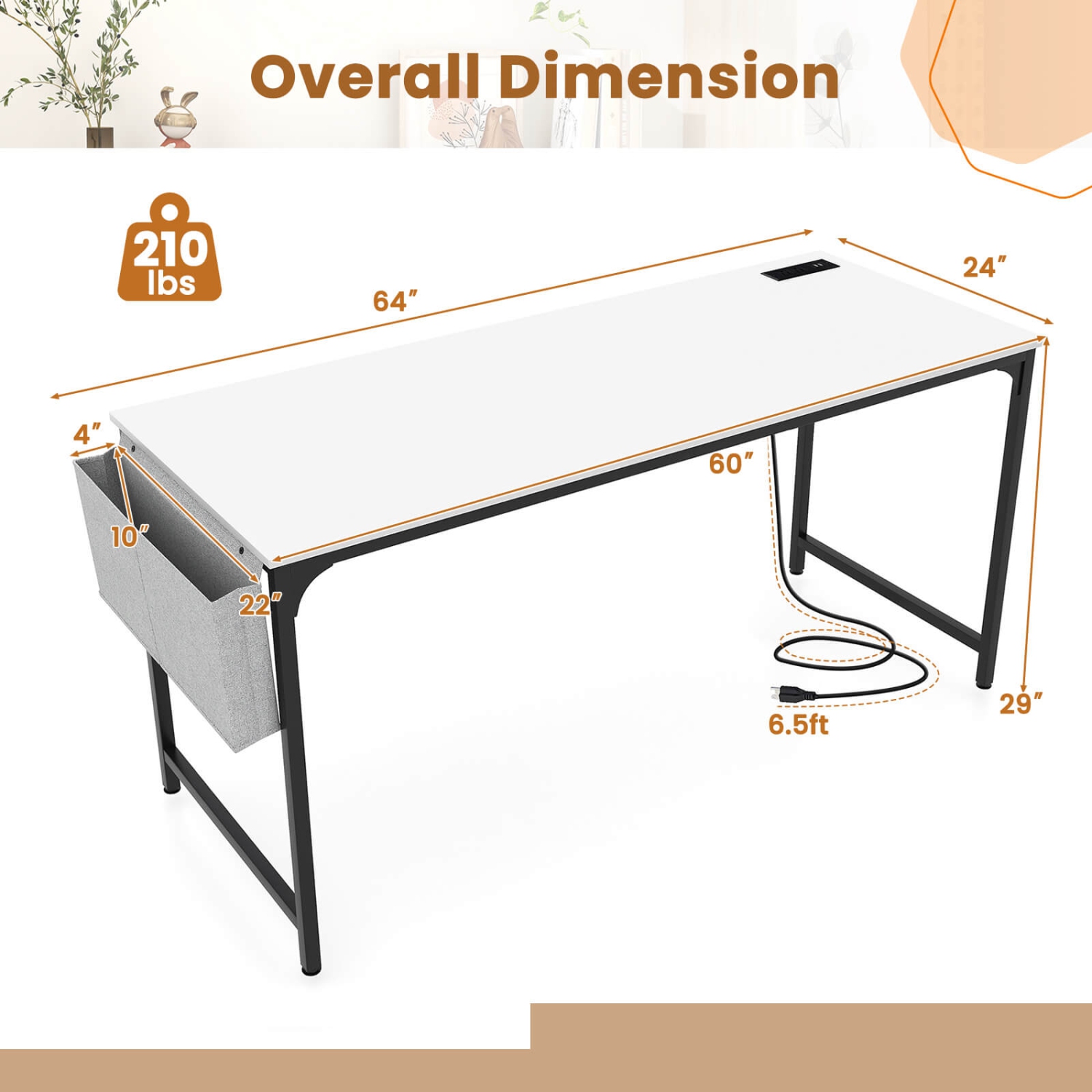 Costway 60" Modern Computer Desk with Charging Station with Storage Bag & Headphone Hook White