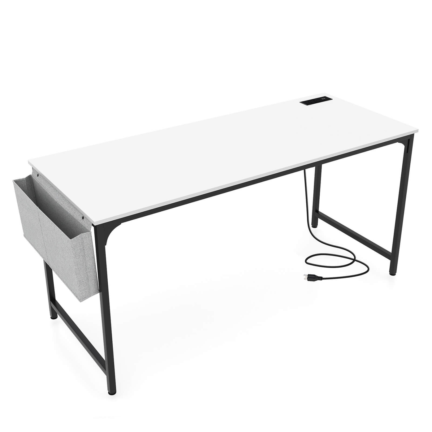 Costway 60" Modern Computer Desk with Charging Station with Storage Bag & Headphone Hook White
