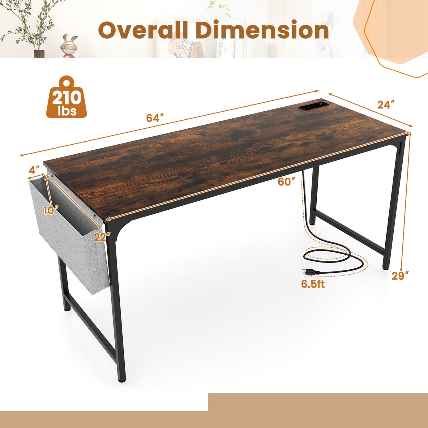 Costway 60" Modern Computer Desk with Charging Station with Storage Bag & Headphone Hook Borwn