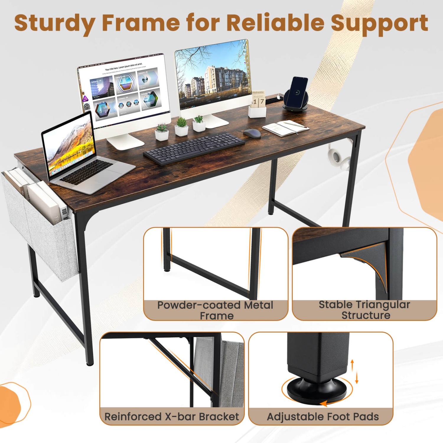 Costway 60" Modern Computer Desk with Charging Station with Storage Bag & Headphone Hook Borwn