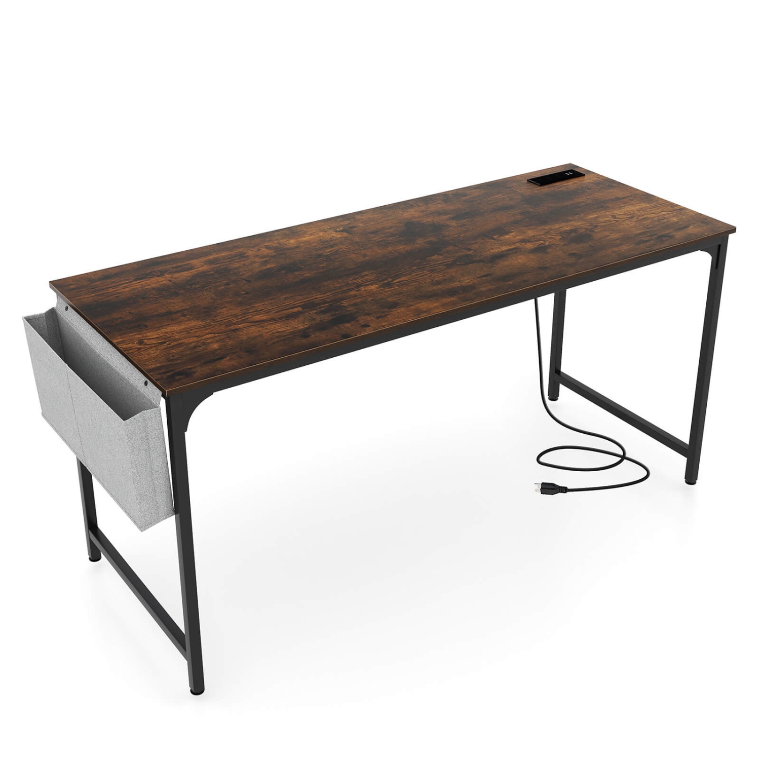 Costway 60" Modern Computer Desk with Charging Station with Storage Bag & Headphone Hook Borwn