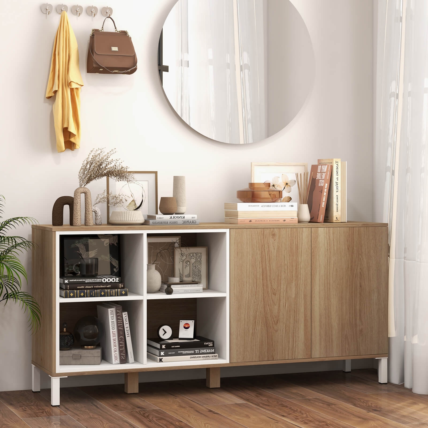 Costway 63" Buffet Sideboard Kitchen Storage Cabinet with 4 Compartments Adjustable Shelf