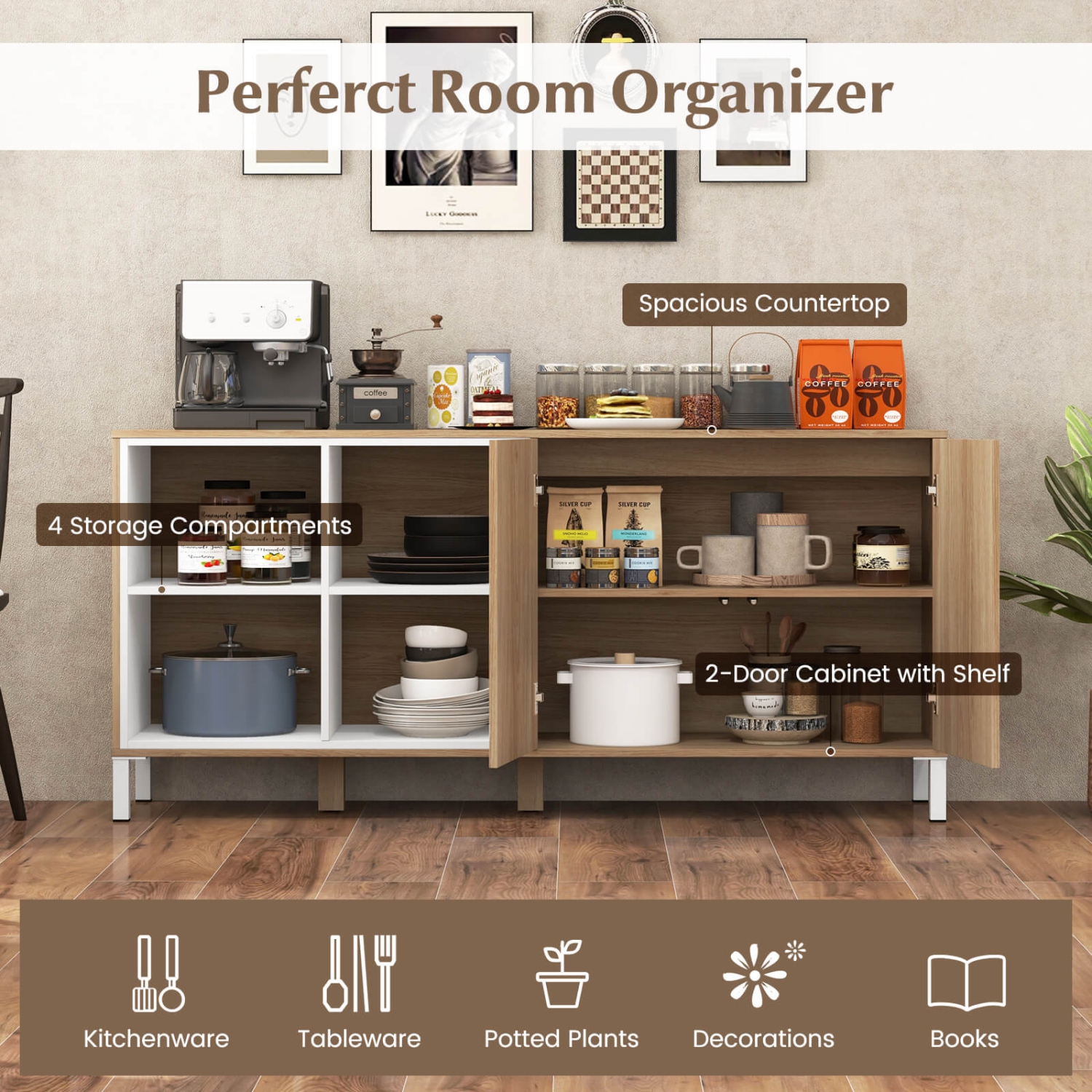 Costway 63" Buffet Sideboard Kitchen Storage Cabinet with 4 Compartments Adjustable Shelf