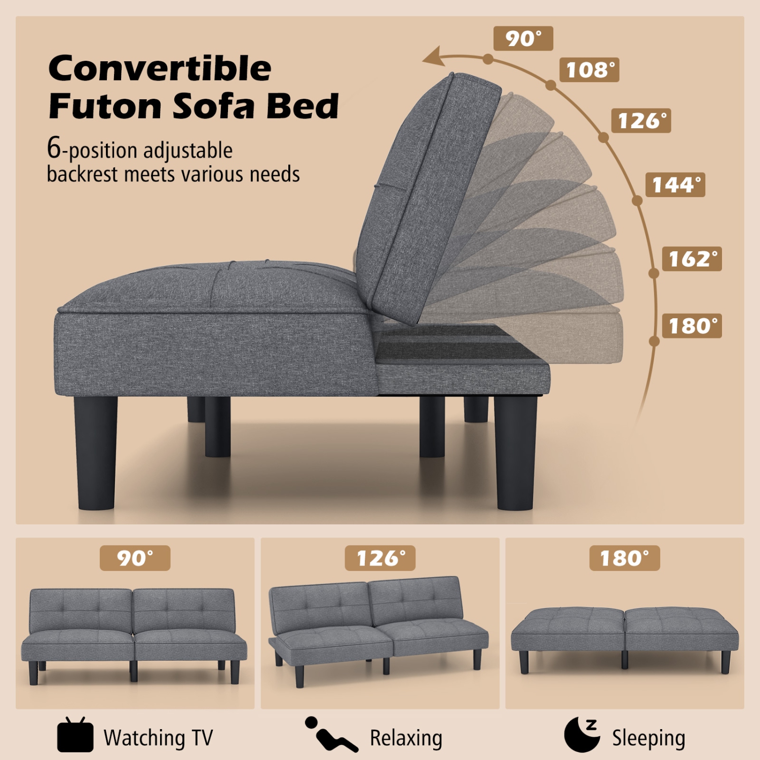 Costway Convertible Folding Futon Sofa Bed with 6-Position Adjustable Backrest Cushion