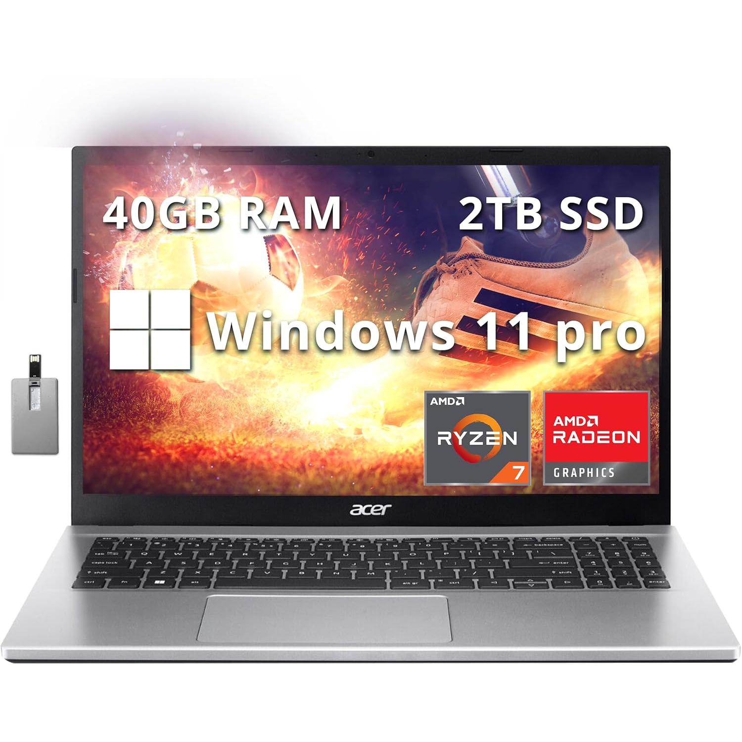 Acer Aspire 3 15.6" FHD Laptop, AMD Ryzen 7 5700U Processor, 2TB SSD, 40GB RAM, AMD Radeon Graphics, Numeric Keypad, 720p HD Webcam, Wi-Fi 6, Windows 11 Pro