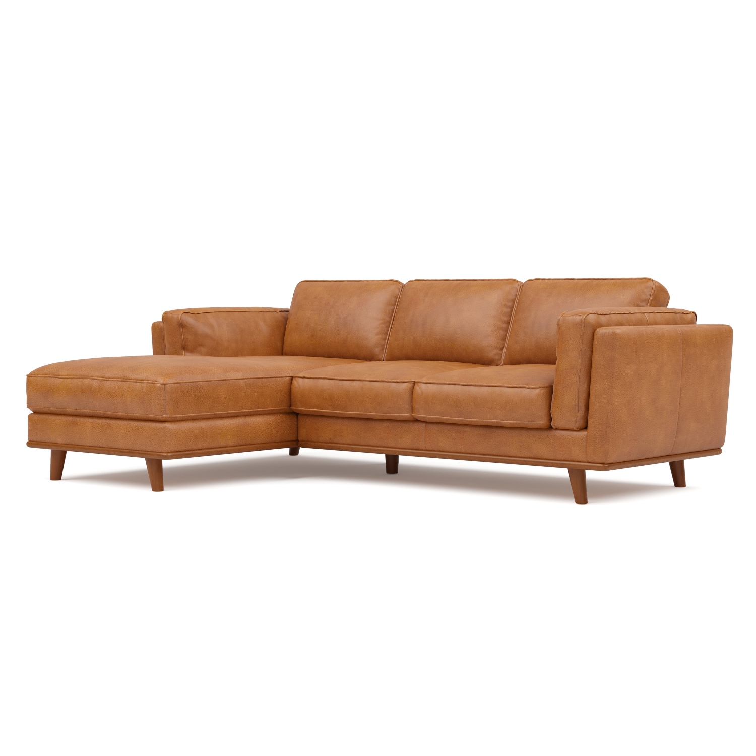 Valencia Artisan Top Grain Leather Three Seats with Left Chaise Leather Sofa, Cognac Color