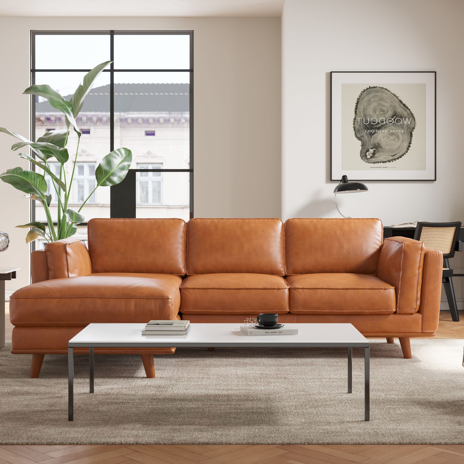 Valencia Artisan Top Grain Leather Three Seats with Left Chaise Leather Sofa, Cognac Color
