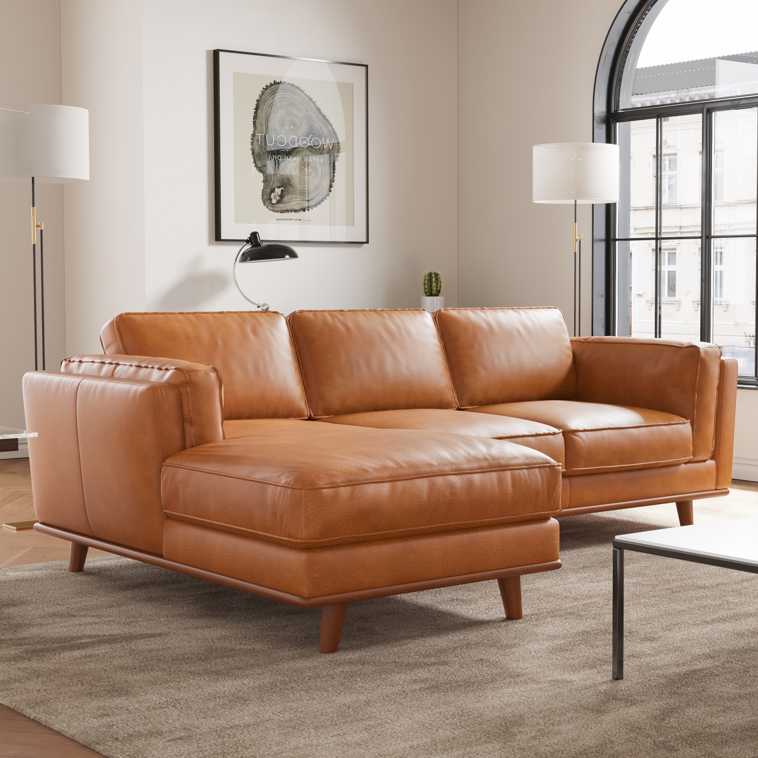 Valencia Artisan Top Grain Leather Three Seats with Left Chaise Leather Sofa, Cognac Color