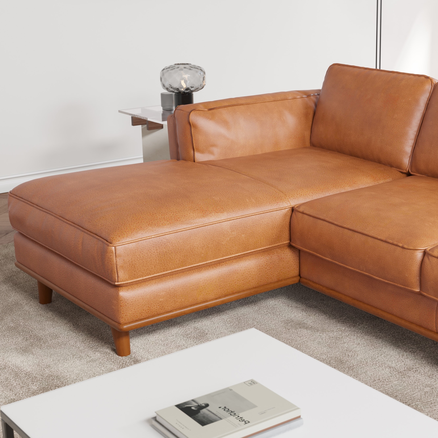 Valencia Artisan Top Grain Leather Three Seats with Left Chaise Leather Sofa, Cognac Color