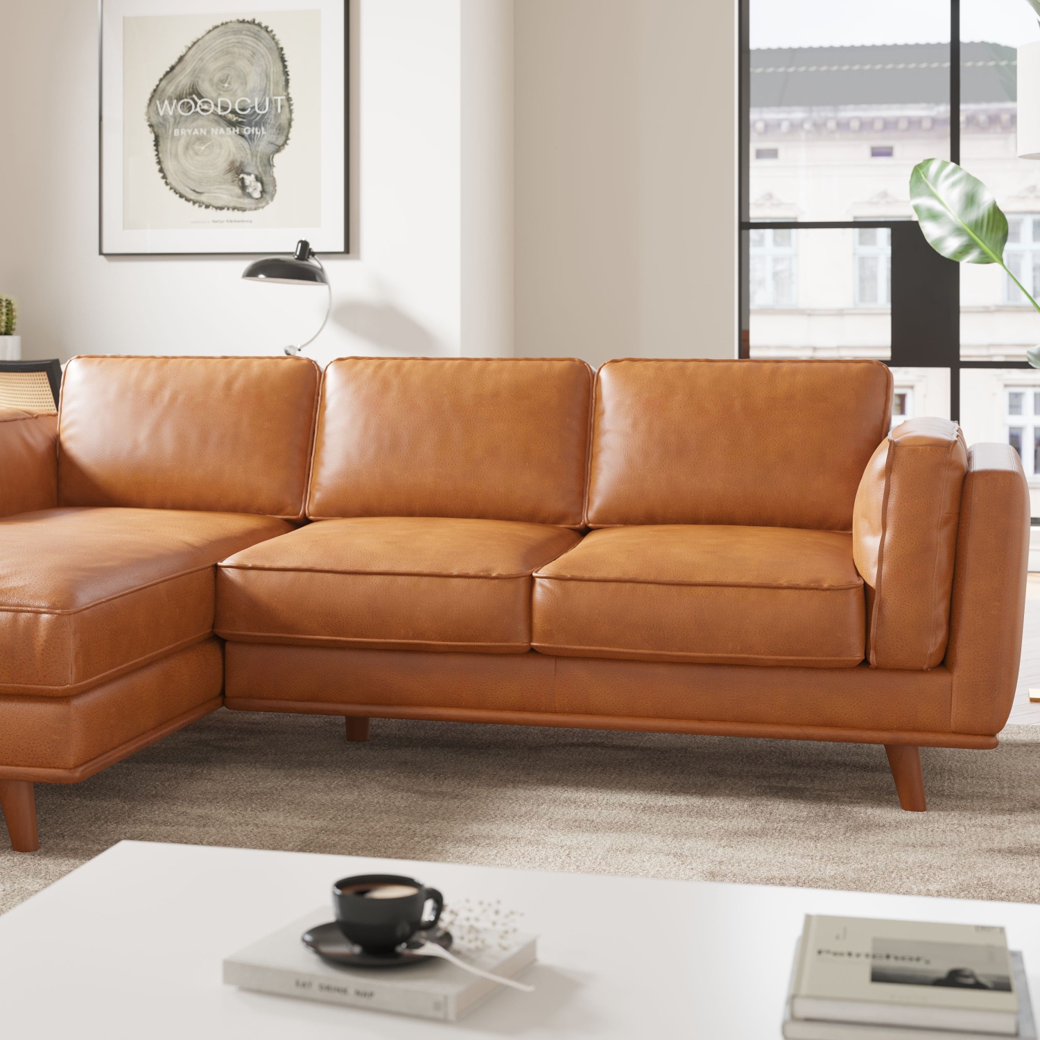 Valencia Artisan Top Grain Leather Three Seats with Left Chaise Leather Sofa, Cognac Color