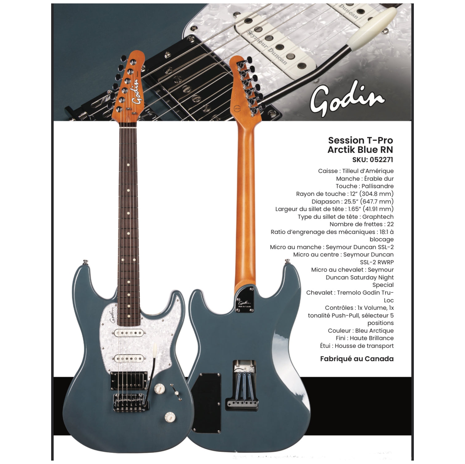 Guitare électrique Godin session T-Pro - Rosewood Arctik Blue