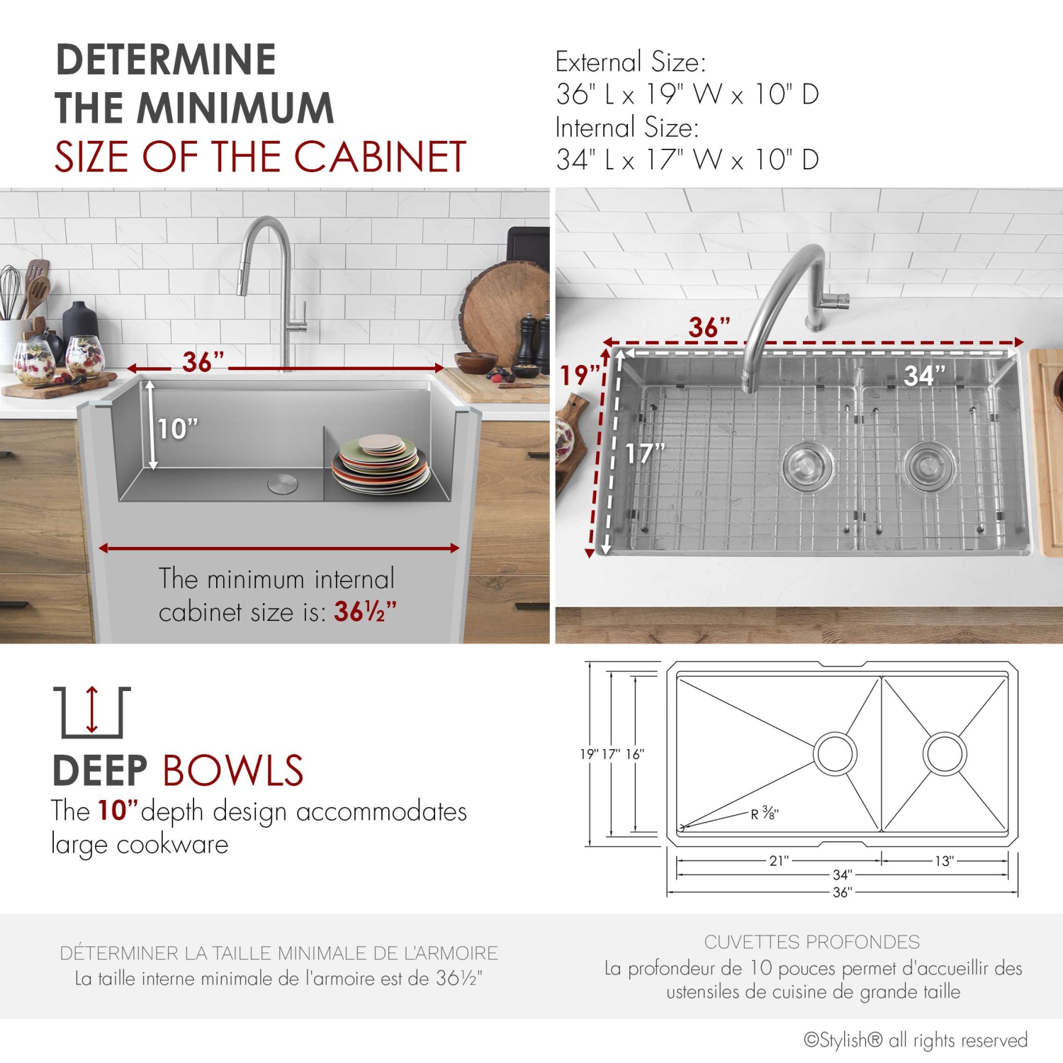 STYLISH Versa36 Undermount 36" Double-Bowl Workstation Kitchen Sink S-636W