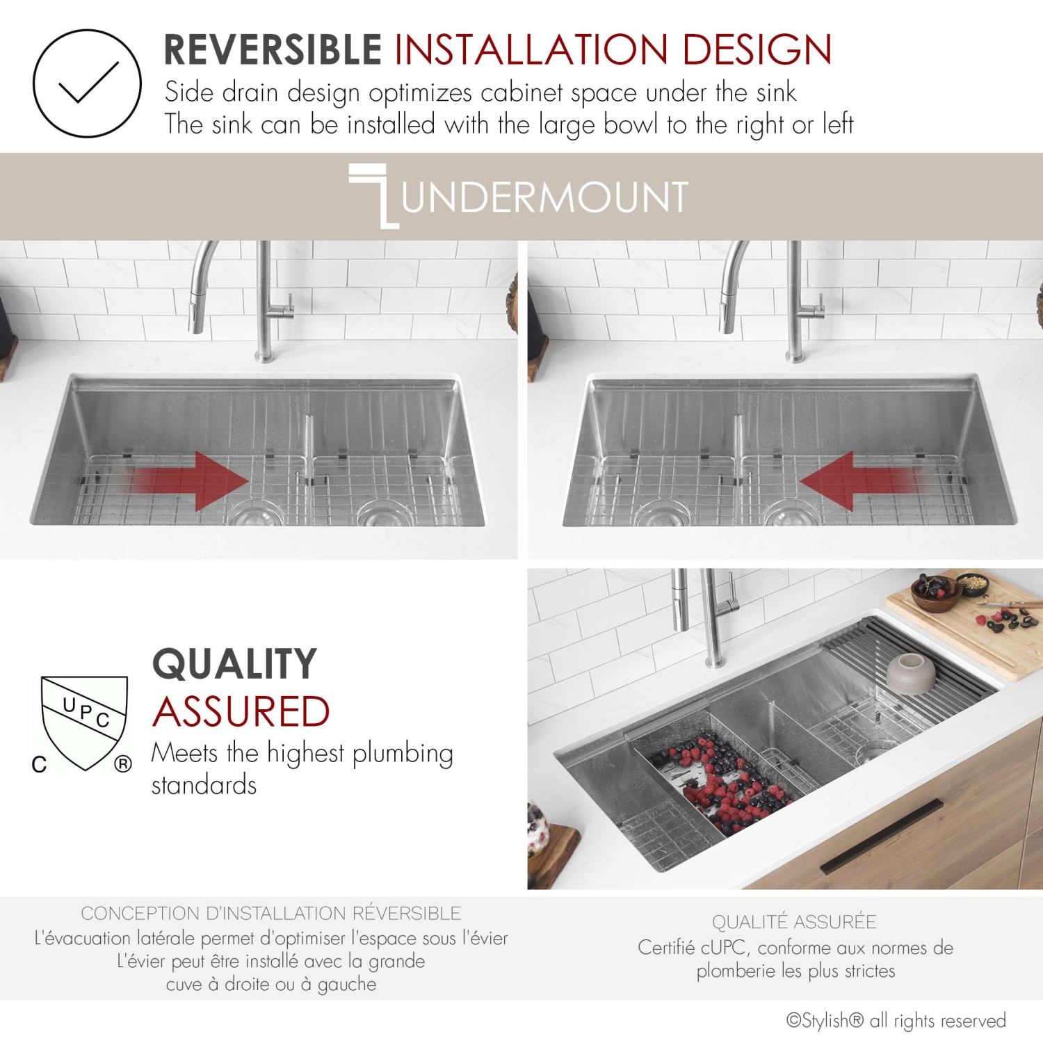 STYLISH Versa36 Undermount 36" Double-Bowl Workstation Kitchen Sink S-636W