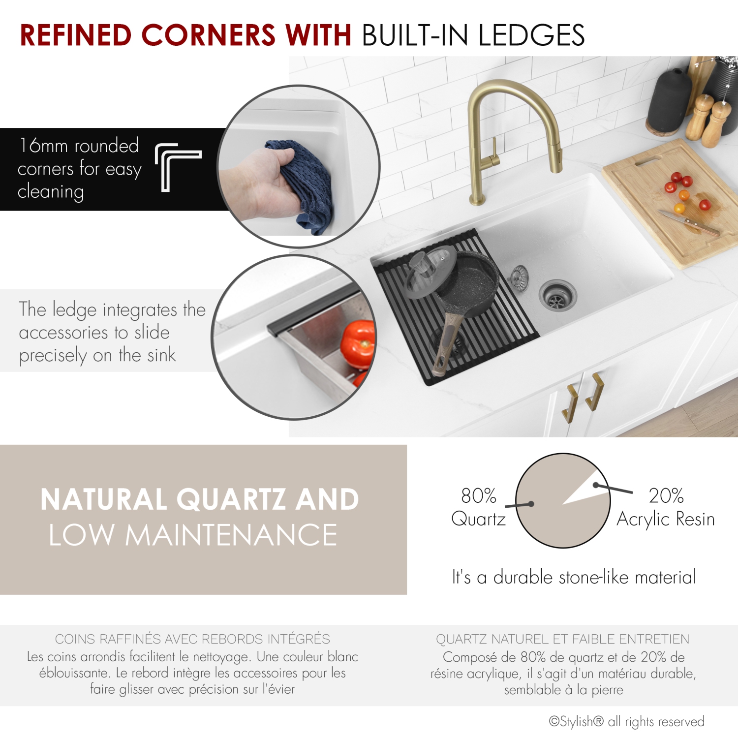 Stylish Waterton Composite Granite Dual mount 30” Double-Bowl Workstation kitchen Sink S-831WH