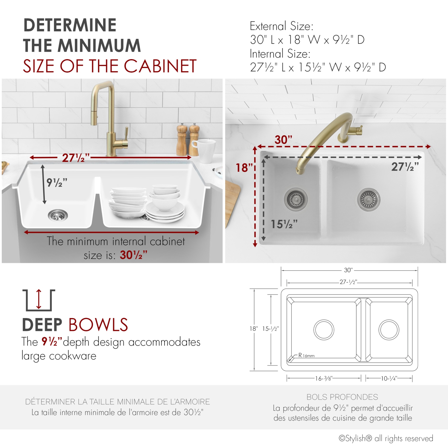 Stylish Waterton Composite Granite Dual mount 30” Double-Bowl Workstation kitchen Sink S-831WH