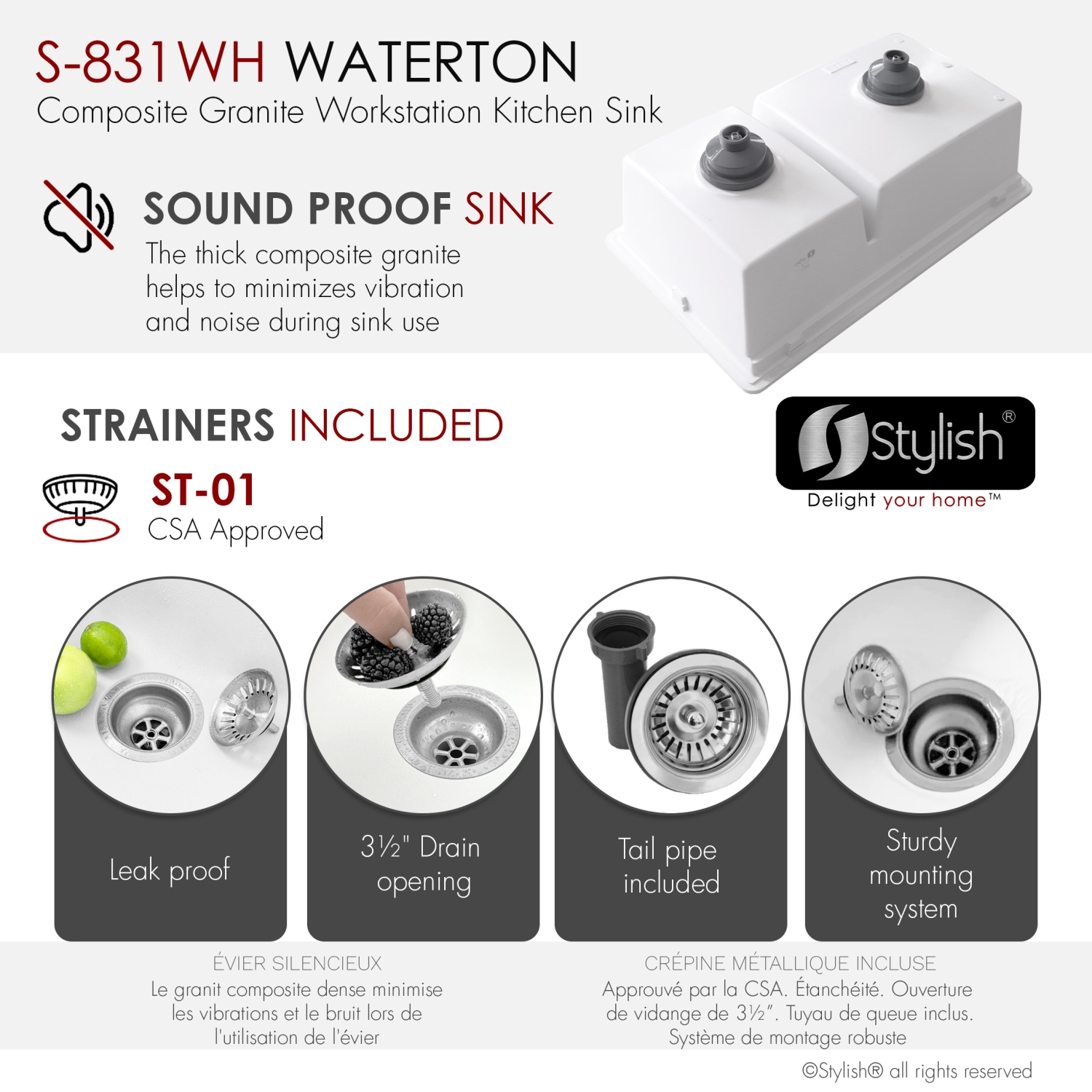 Stylish Waterton Composite Granite Dual mount 30” Double-Bowl Workstation kitchen Sink S-831WH