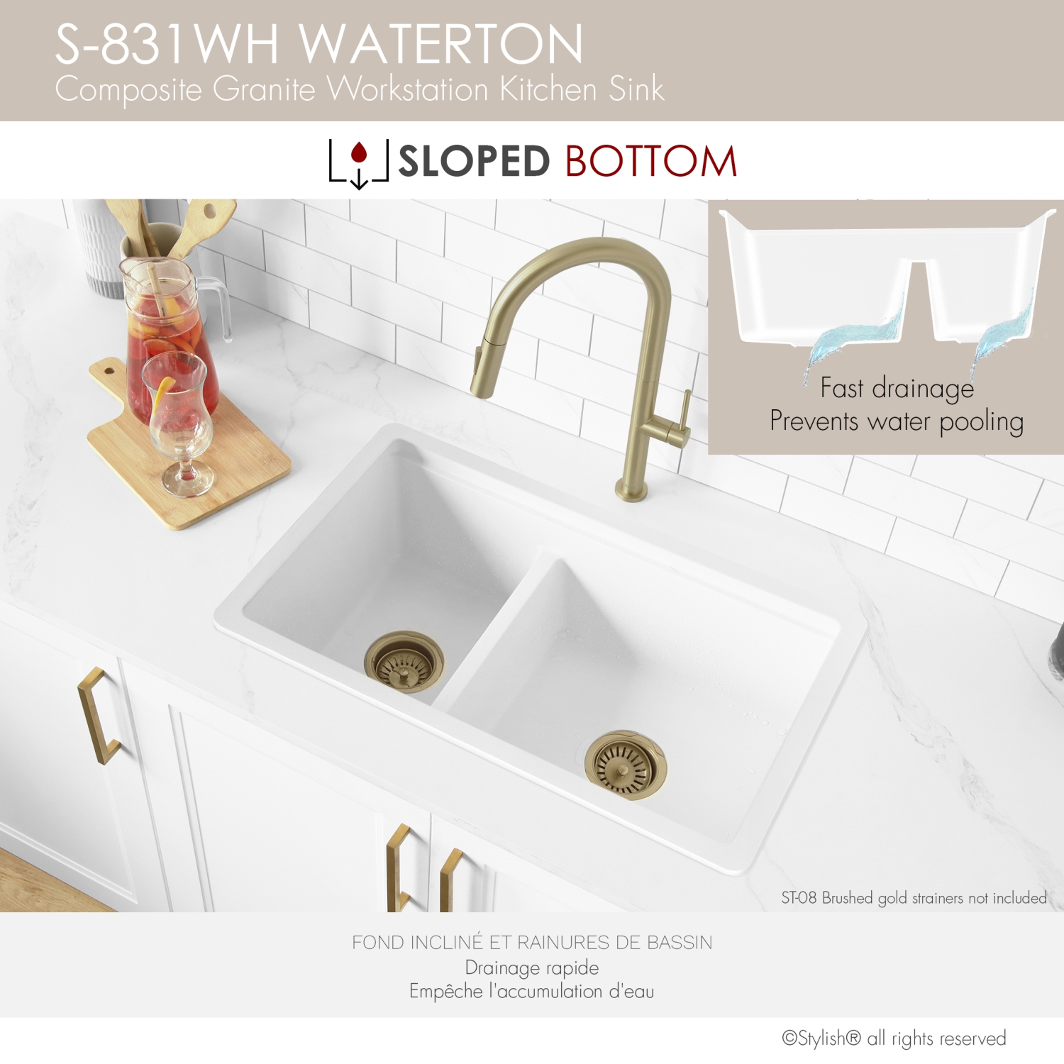 Stylish Waterton Composite Granite Dual mount 30” Double-Bowl Workstation kitchen Sink S-831WH