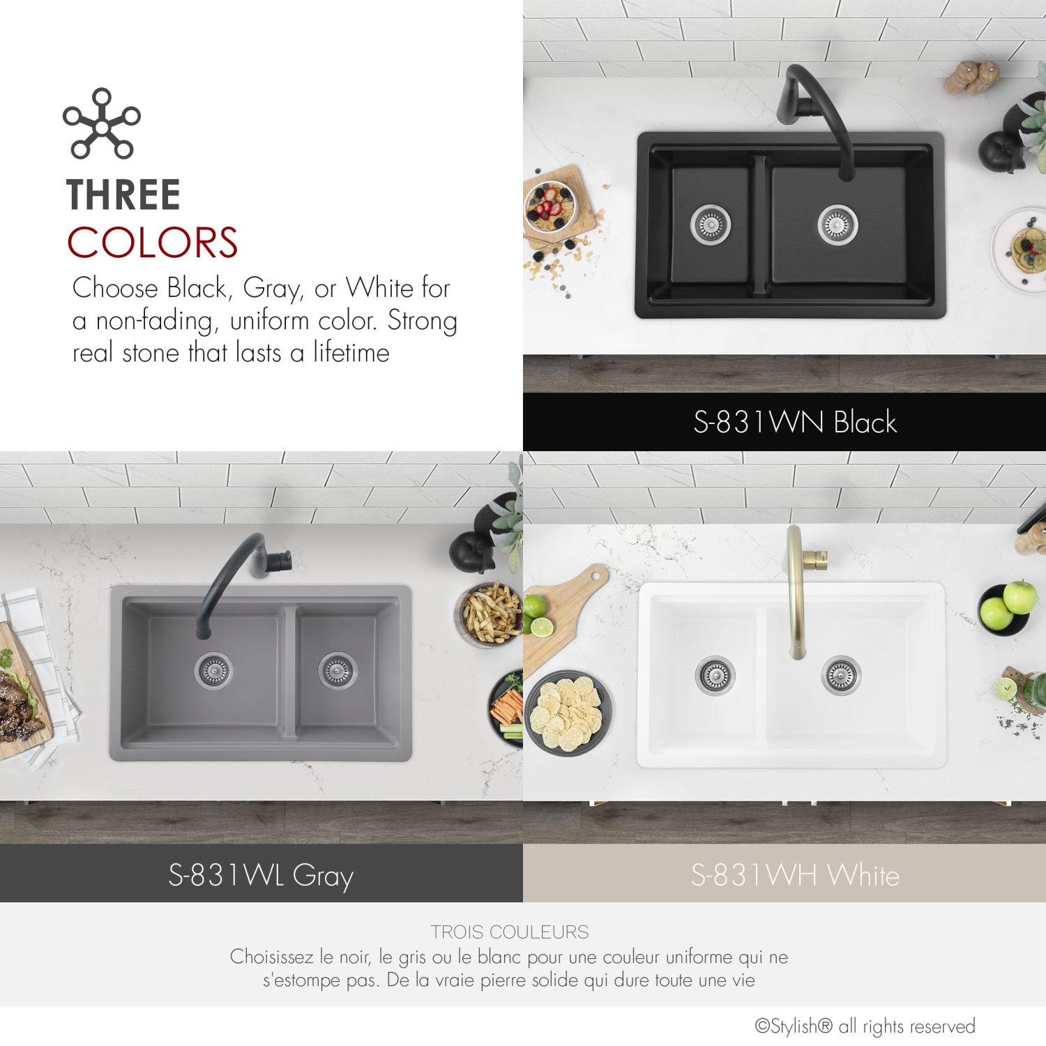 Stylish Waterton Composite Granite Dual mount 30” Double-Bowl Workstation kitchen Sink S-831WH