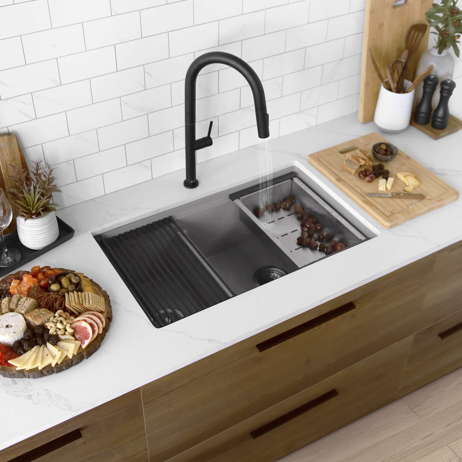 Stylish Waterton Composite Granite Dual mount 30” Double-Bowl Workstation kitchen Sink S-831WL
