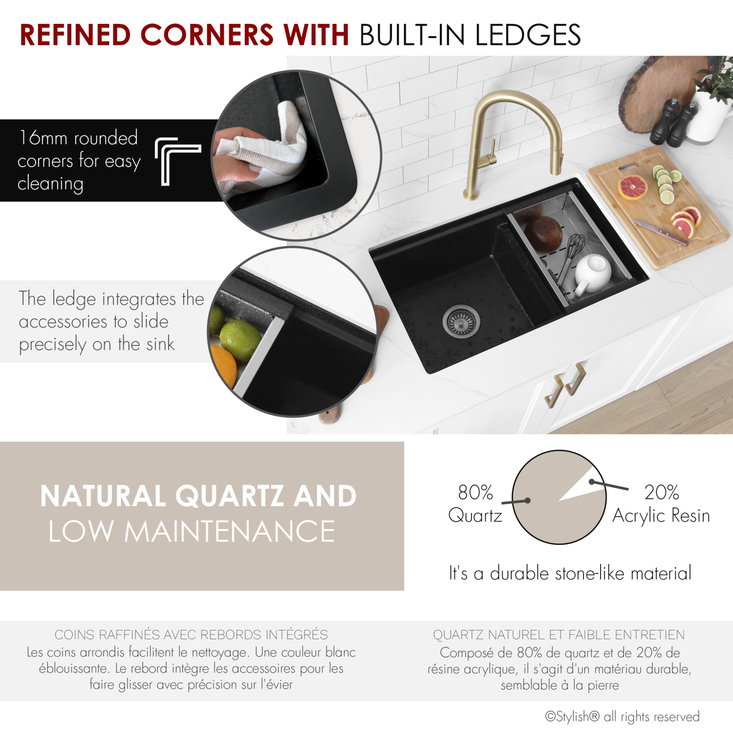 Stylish Waterton Composite Granite Dual mount 30” Double-Bowl Workstation kitchen Sink S-831WL