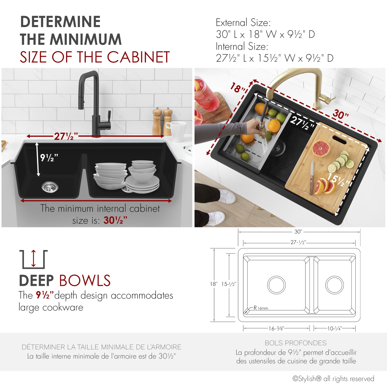 Stylish Waterton Composite Granite Dual mount 30” Double-Bowl Workstation kitchen Sink S-831WL