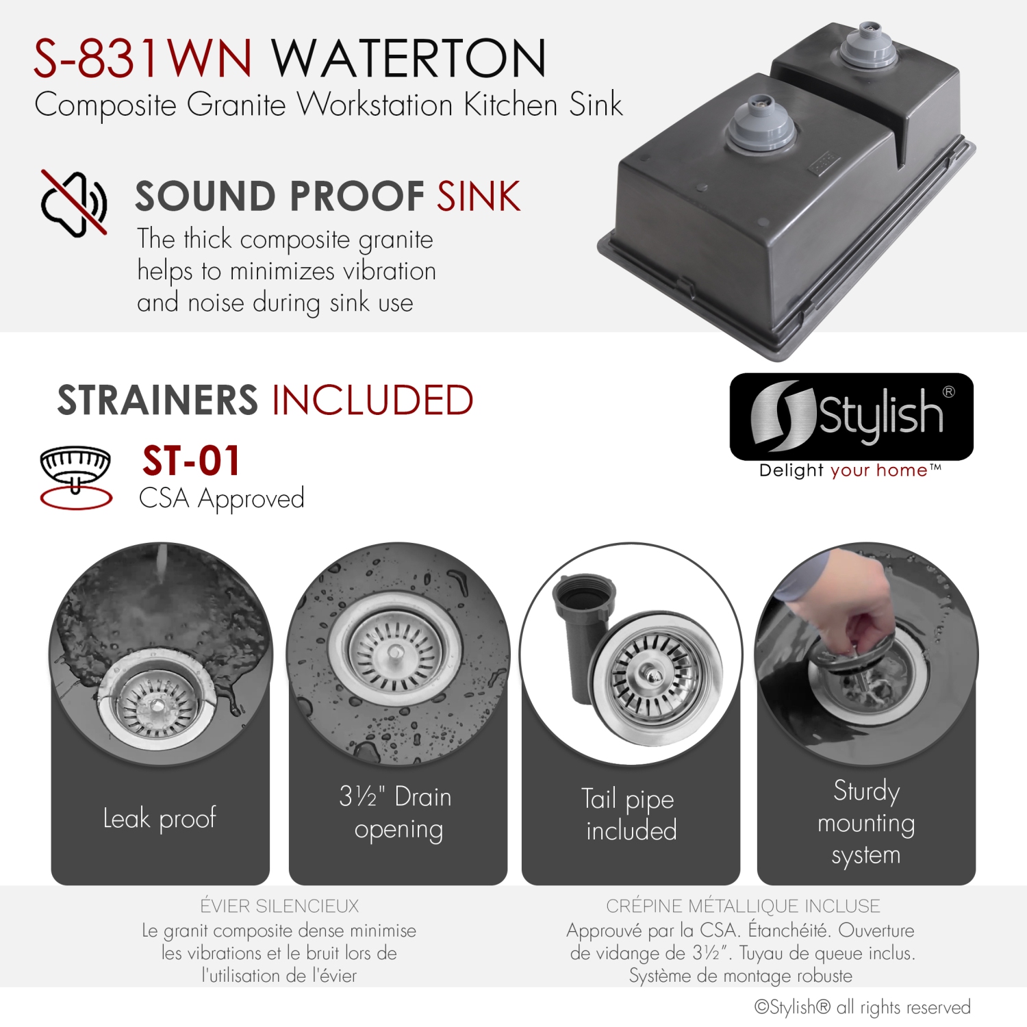 Stylish Waterton Composite Granite Dual mount 30” Double-Bowl Workstation kitchen Sink S-831WL