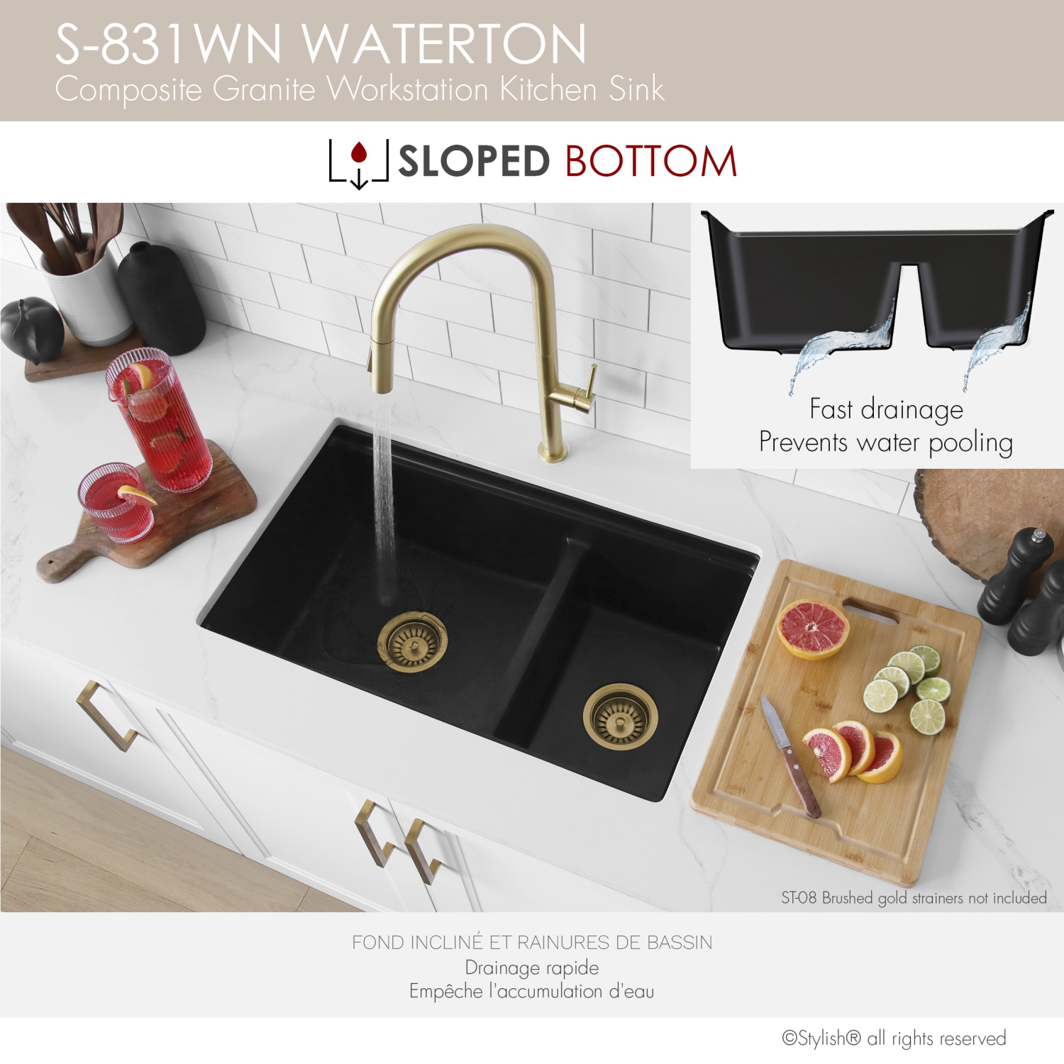 Stylish Waterton Composite Granite Dual mount 30” Double-Bowl Workstation kitchen Sink S-831WL