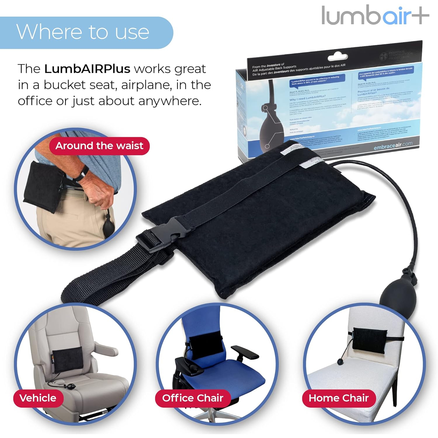 LumbAIR Plus Portable Backrest, Inflatable Lumbar Support Cushion with Adjustable Internal Air System, One Size Ergonomic for Office, Home, Car,