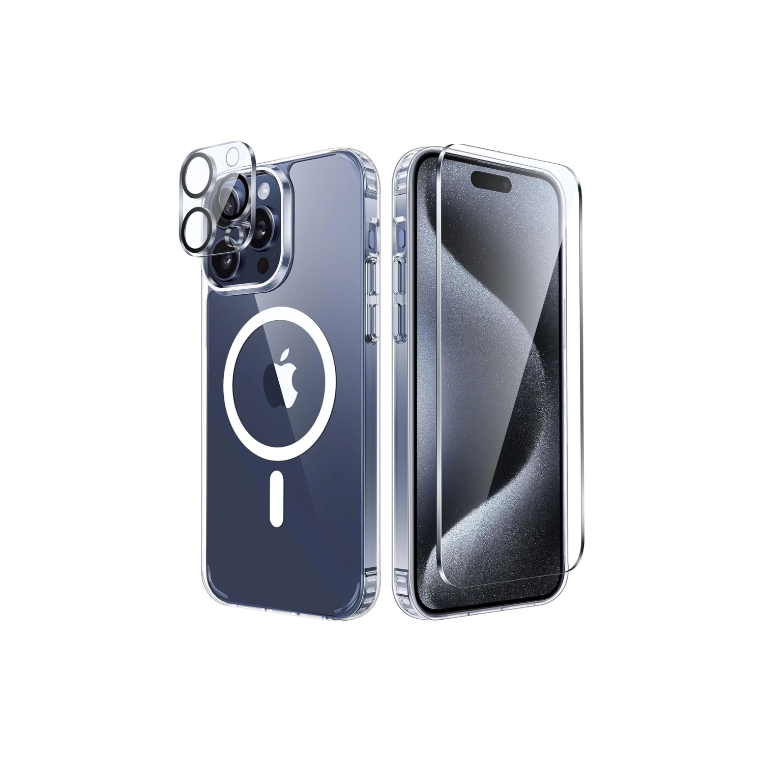 iPhone 15 Pro, protecteur transparent, support de chargement magnétique, protection de qualité militaire contre les chutes, anti-jaunissement, étui