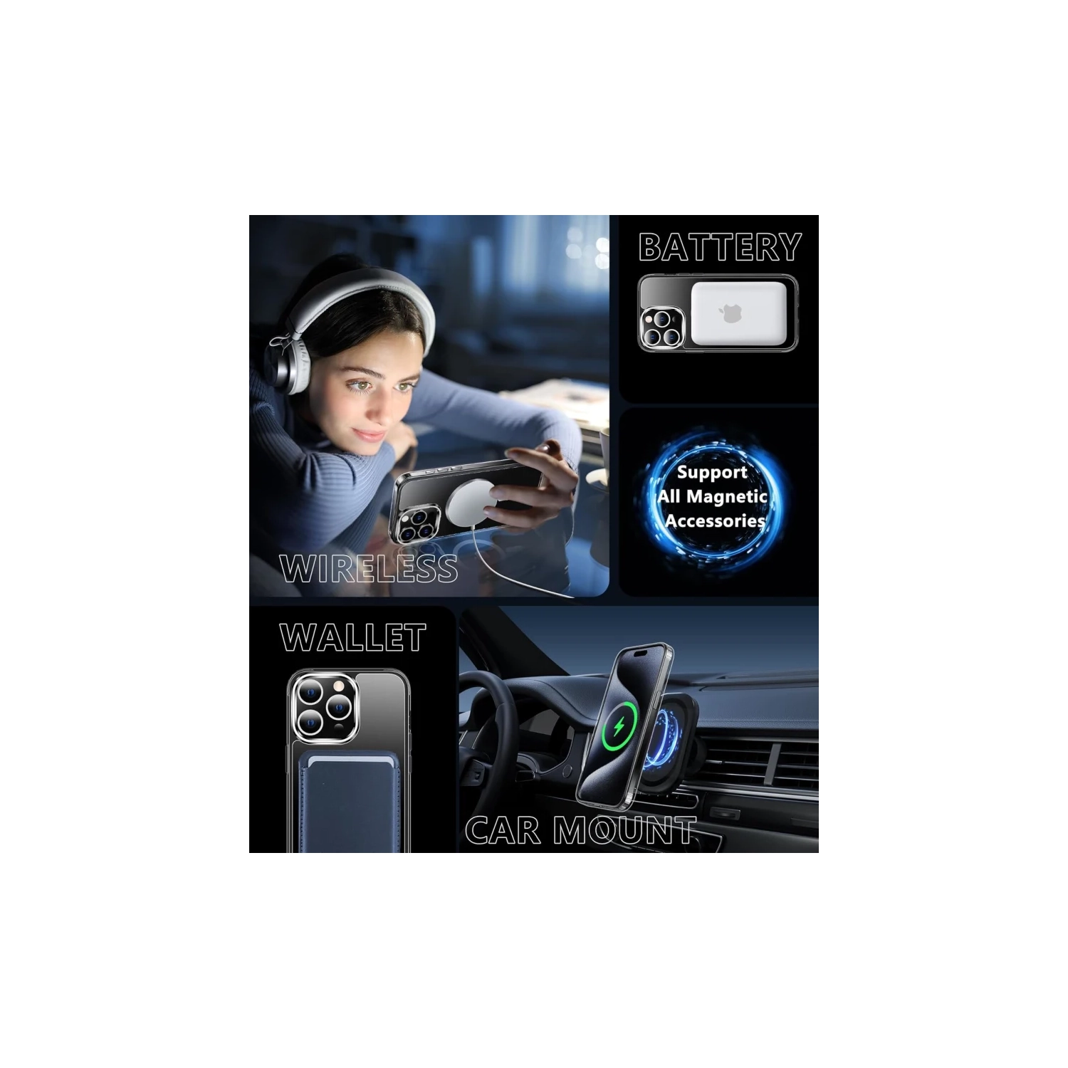 iPhone 15 Pro, protecteur transparent, support de chargement magnétique, protection de qualité militaire contre les chutes, anti-jaunissement, étui