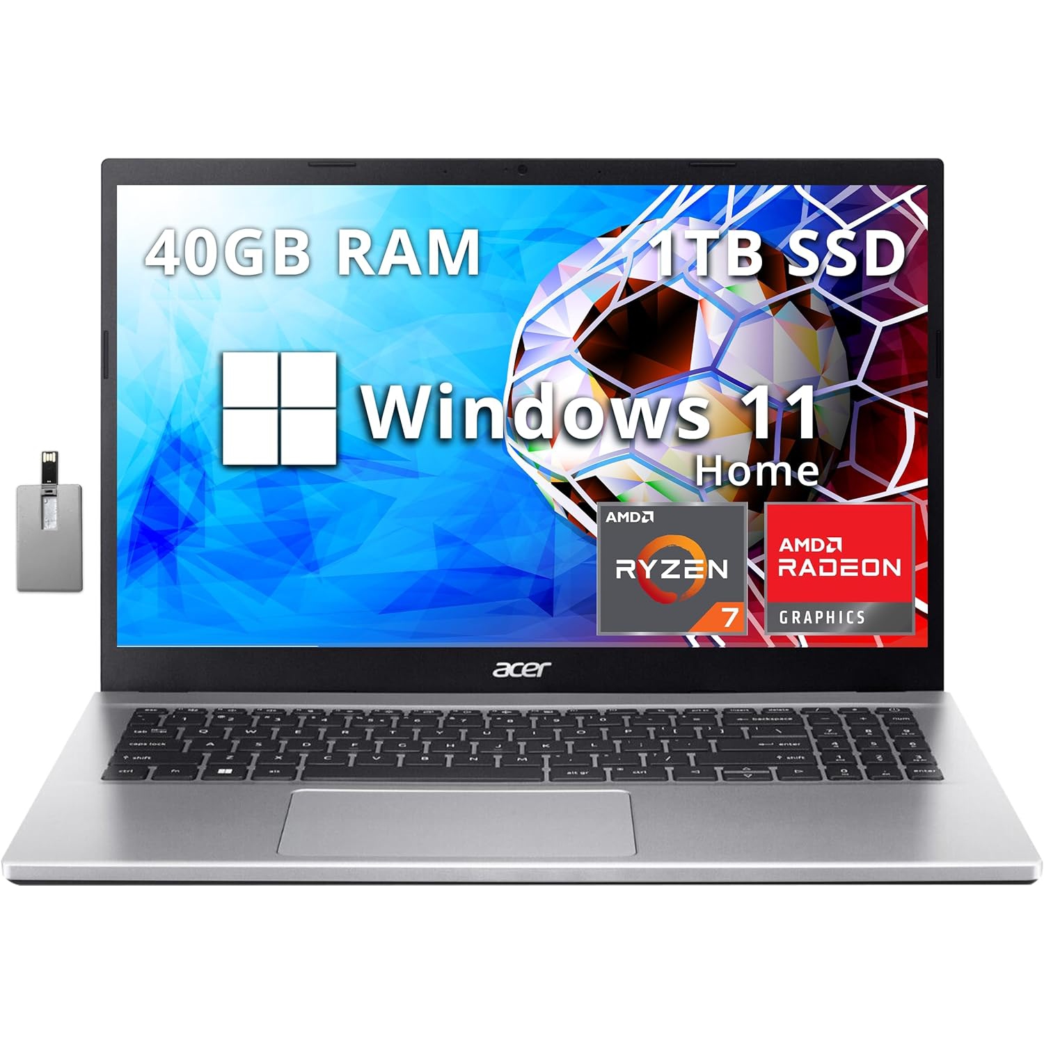 Acer Aspire 3 15.6" FHD Laptop, AMD Ryzen 7 5700U Processor, 1TB SSD, 40GB RAM, AMD Radeon Graphics, Numeric Keypad, 720p HD Webcam, Wi-Fi 6, Windows 11 Home