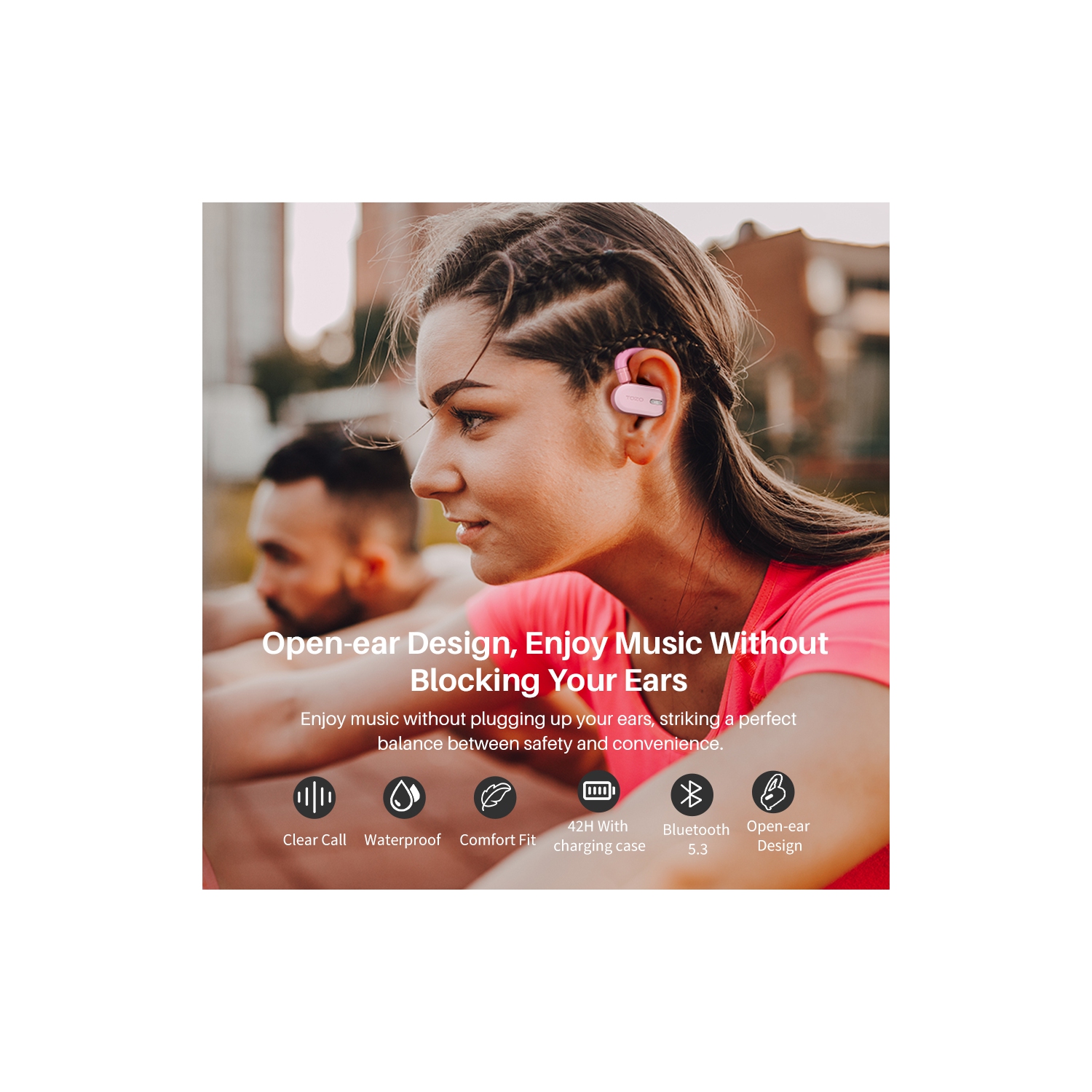 Écouteurs boutons sans fil autonomes OpenBuds de TOZO avec ajustement multi-angle Bluetooth 5,3 et conception à deux axes pour des appels