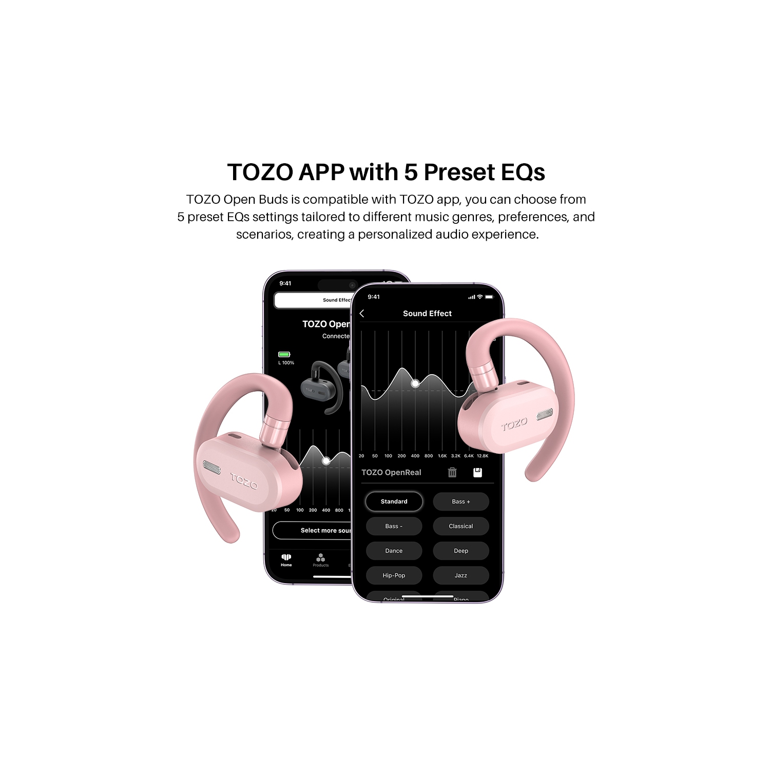 Écouteurs boutons sans fil autonomes OpenBuds de TOZO avec ajustement multi-angle Bluetooth 5,3 et conception à deux axes pour des appels