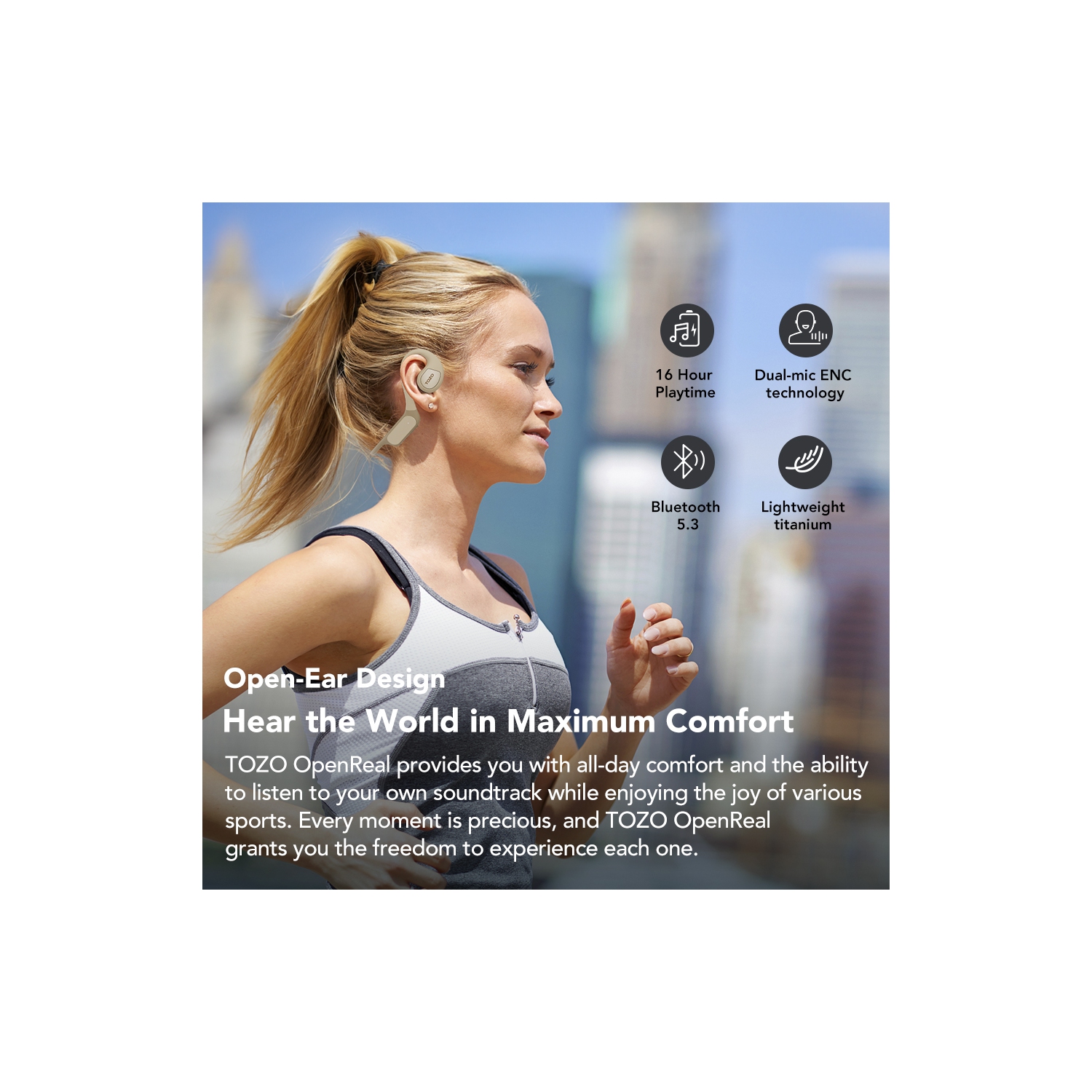 Écouteurs ouverts sans fil Bluetooth 5,3 à conduction d'air OpenReal de TOZO, écouteurs bouton sport, son supérieur, réduction du bruit d'appel à