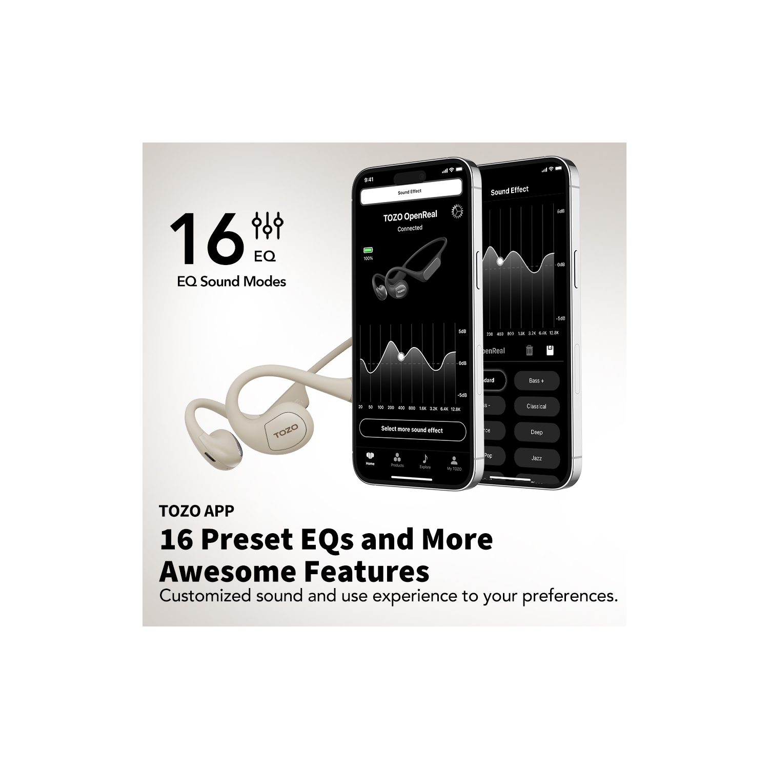 Écouteurs ouverts sans fil Bluetooth 5,3 à conduction d'air OpenReal de TOZO, écouteurs bouton sport, son supérieur, réduction du bruit d'appel à