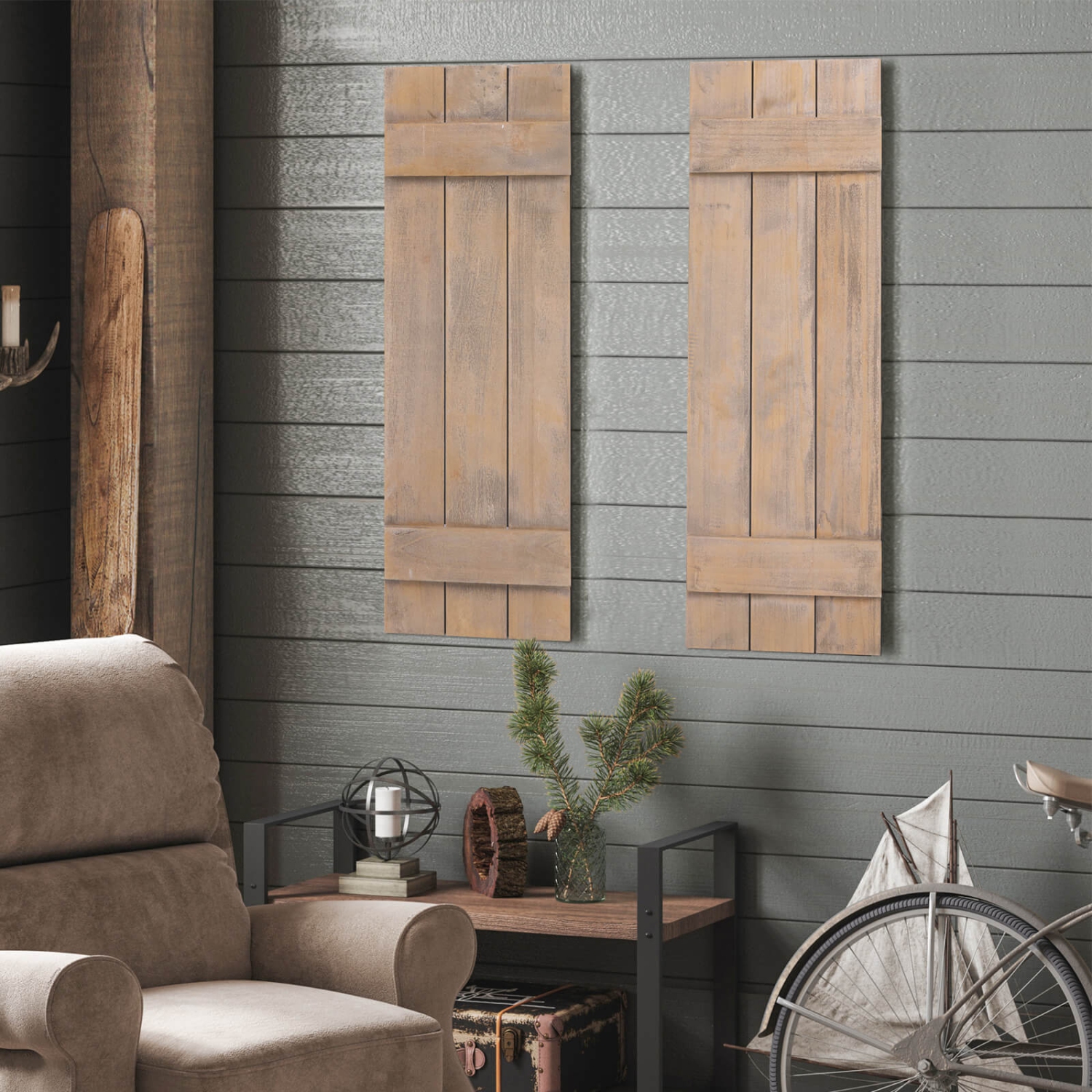 Costway Window Shutter Set of 2 Reclaimed Paulownia Wood Wall Decor with Antiqued Surface