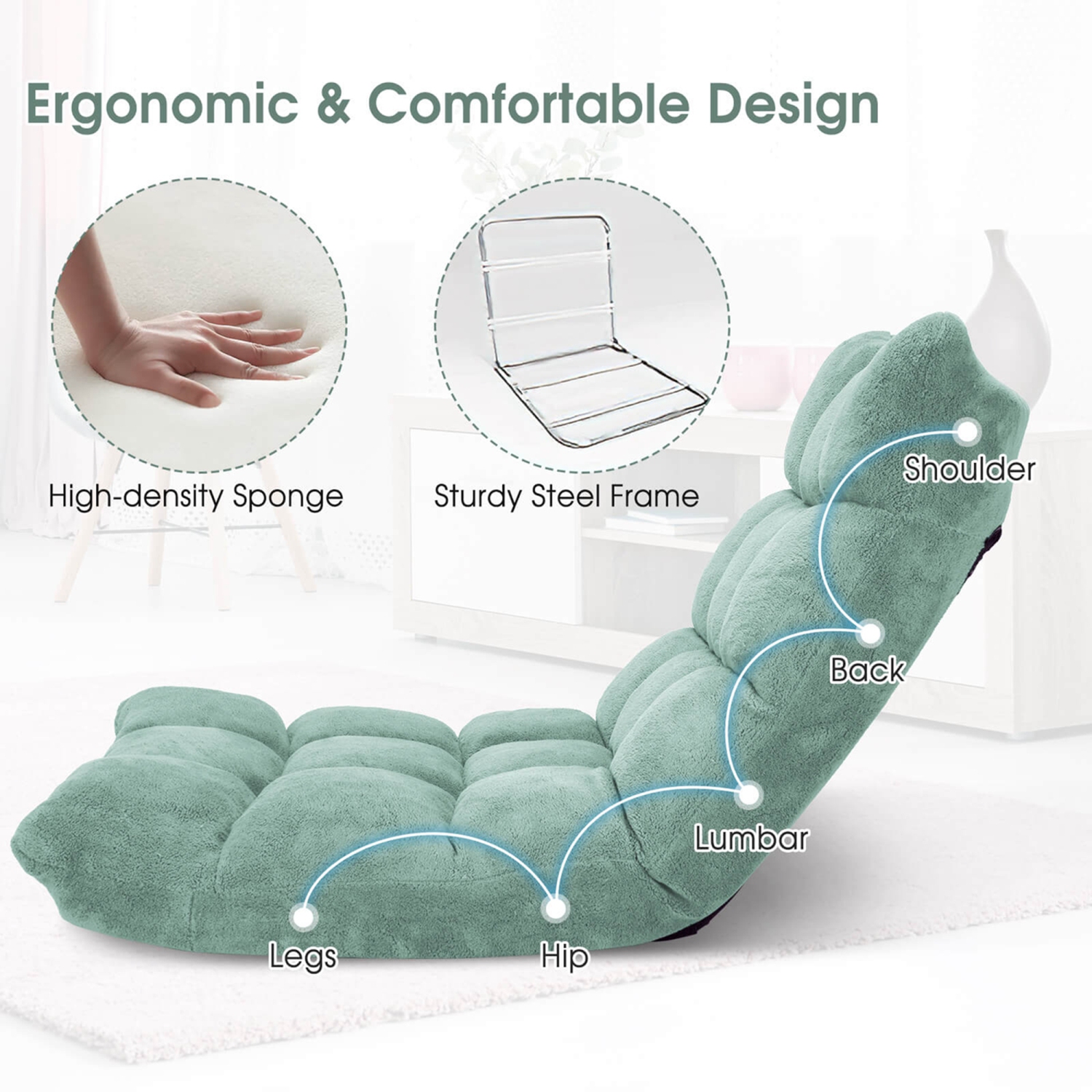 Costway Adjustable 14-Position Floor Chair Folding Lazy Gaming Sofa Chair Cushioned New