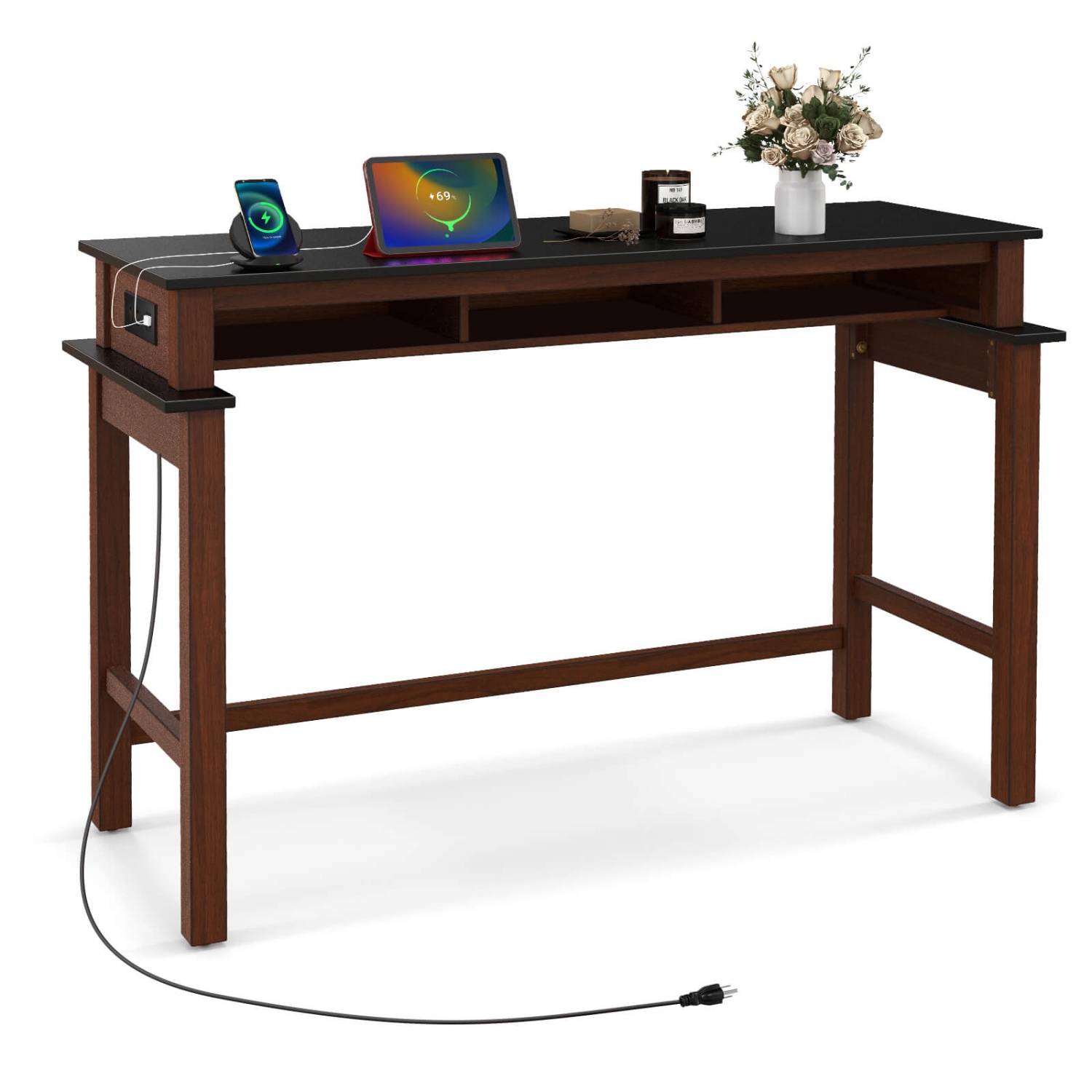 Costway Bar Table with Power Outlets Counter Height Table with Storage Compartments Wooden
