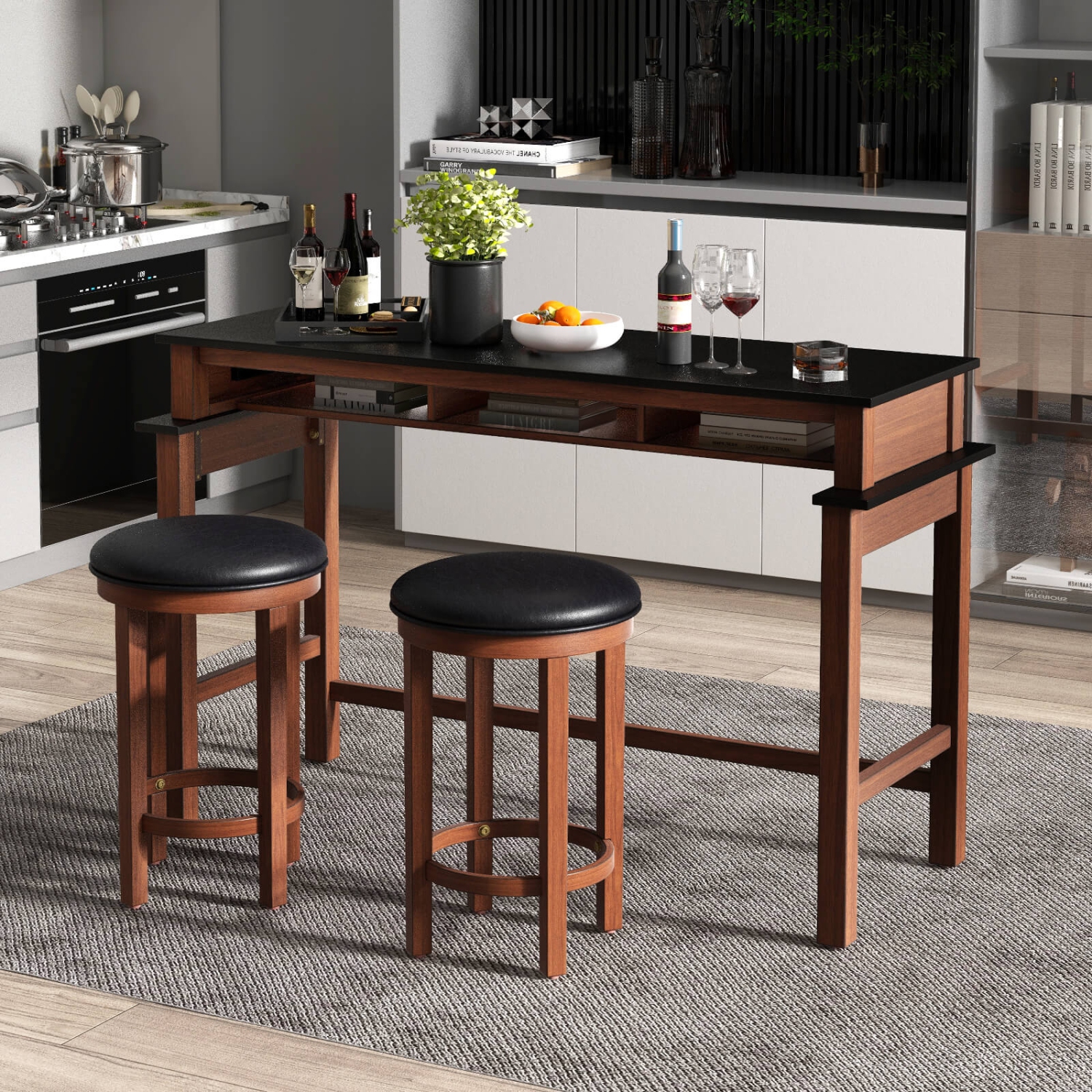 Costway Bar Table with Power Outlets Counter Height Table with Storage Compartments Wooden