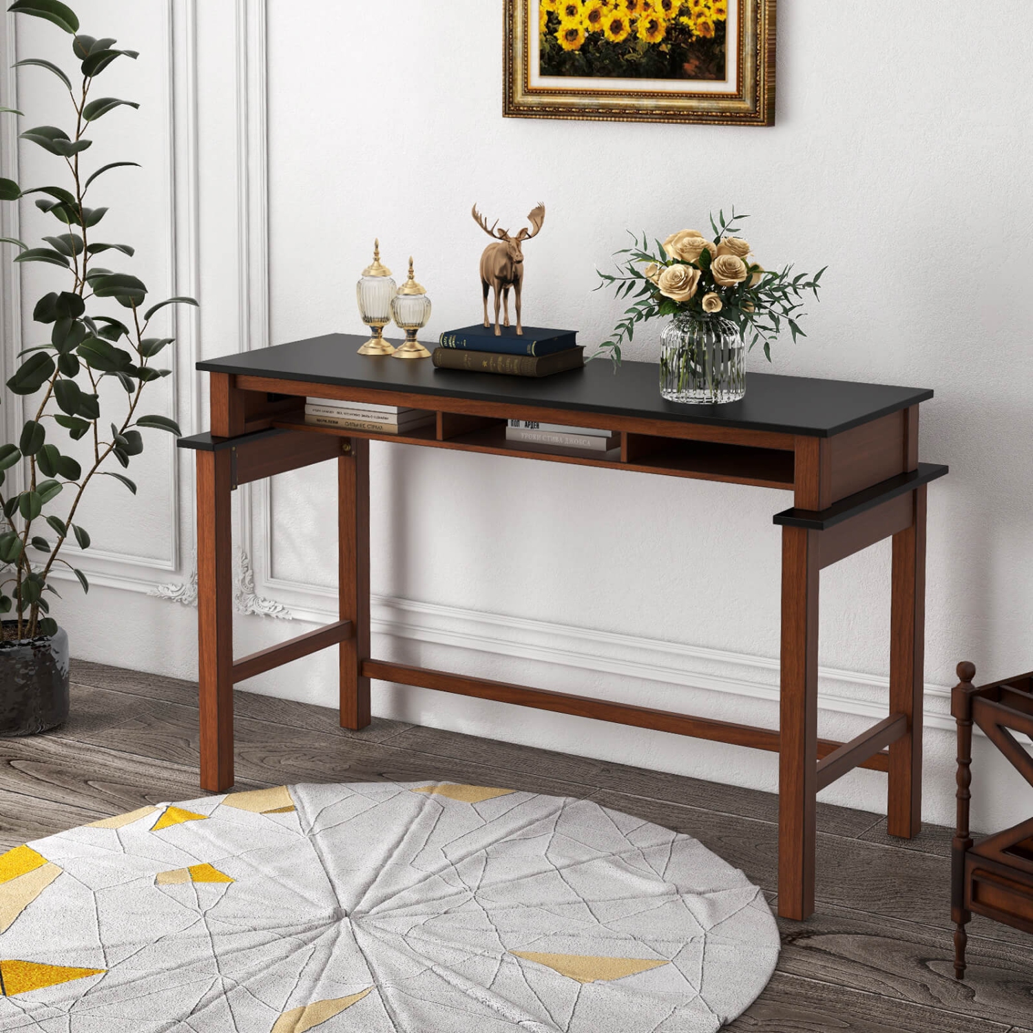 Costway Bar Table with Power Outlets Counter Height Table with Storage Compartments Wooden