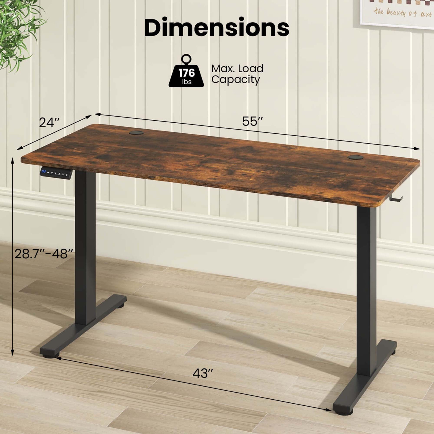 Costway 55" x 24" Electric Standing Desk with 3 Memory Height Settings 2 Hanging Hooks