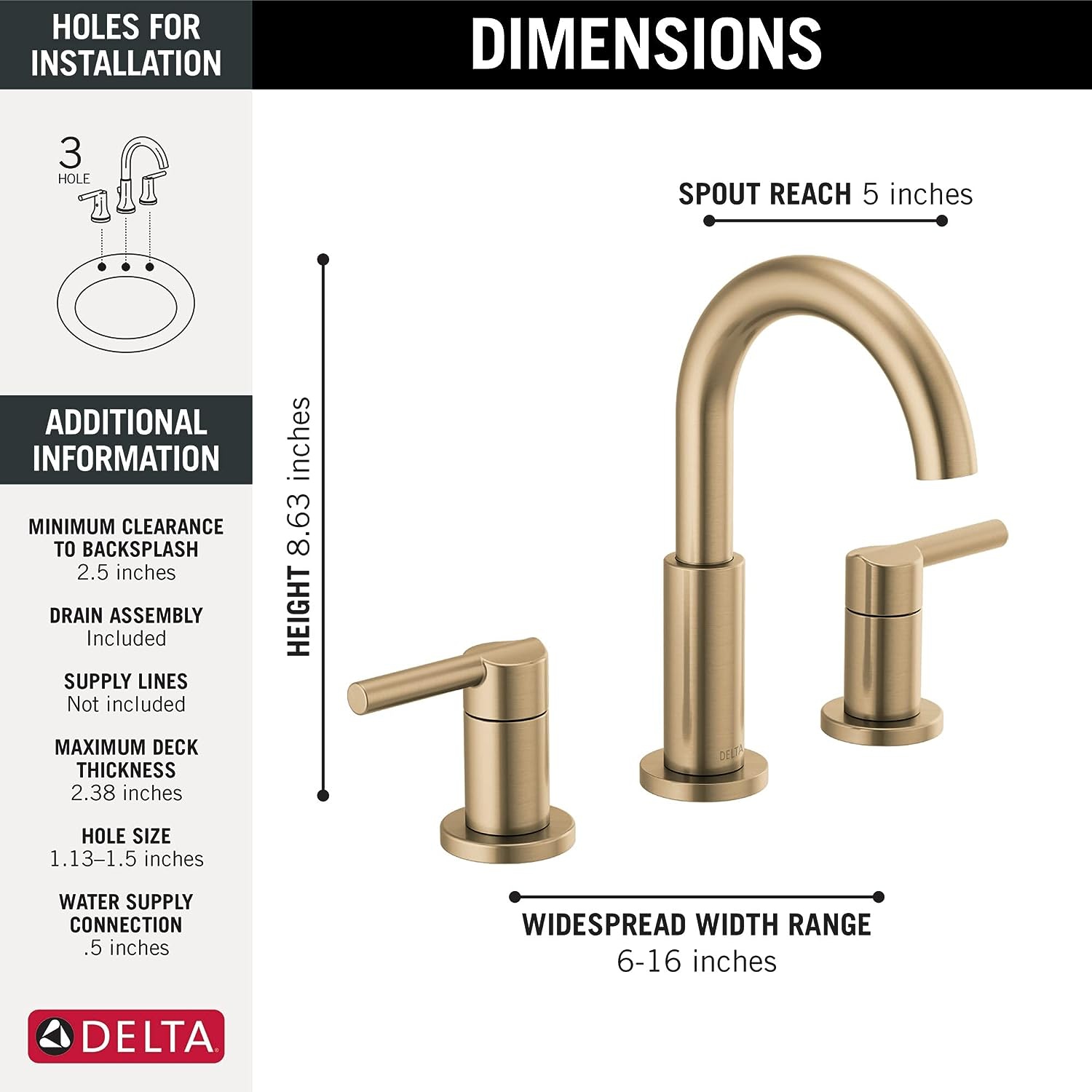 Robinet de lavabo Delta Nipoli, large, 3 trous, robinet de lavabo de salle de bain doré, drain, bronze champagne 35749LF-CZ