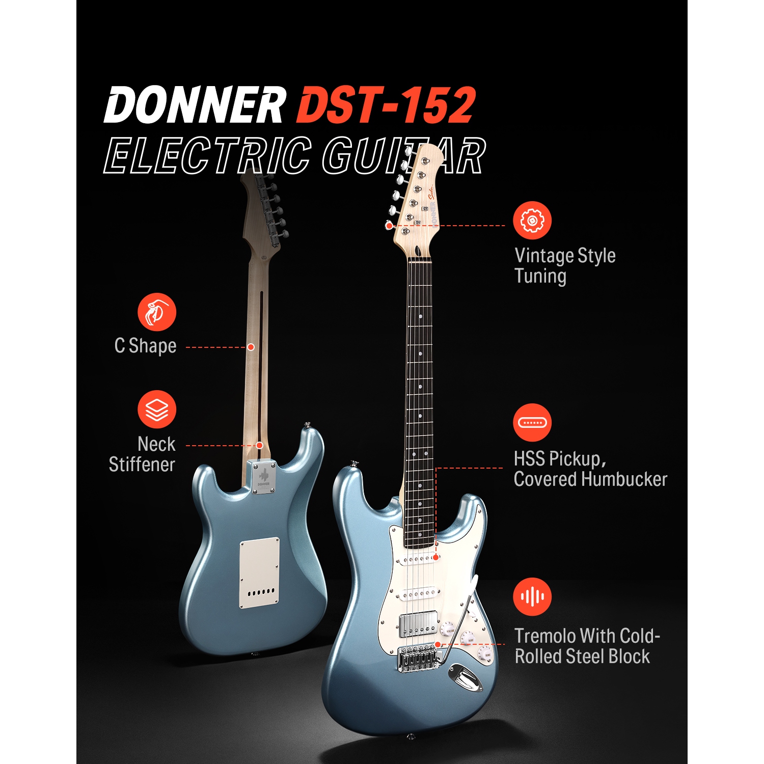 Donner DST-152 Full-Size ST Electric Guitar Kit with Amplifier 39-inch Coil Split HSS Pickup Beginner Set